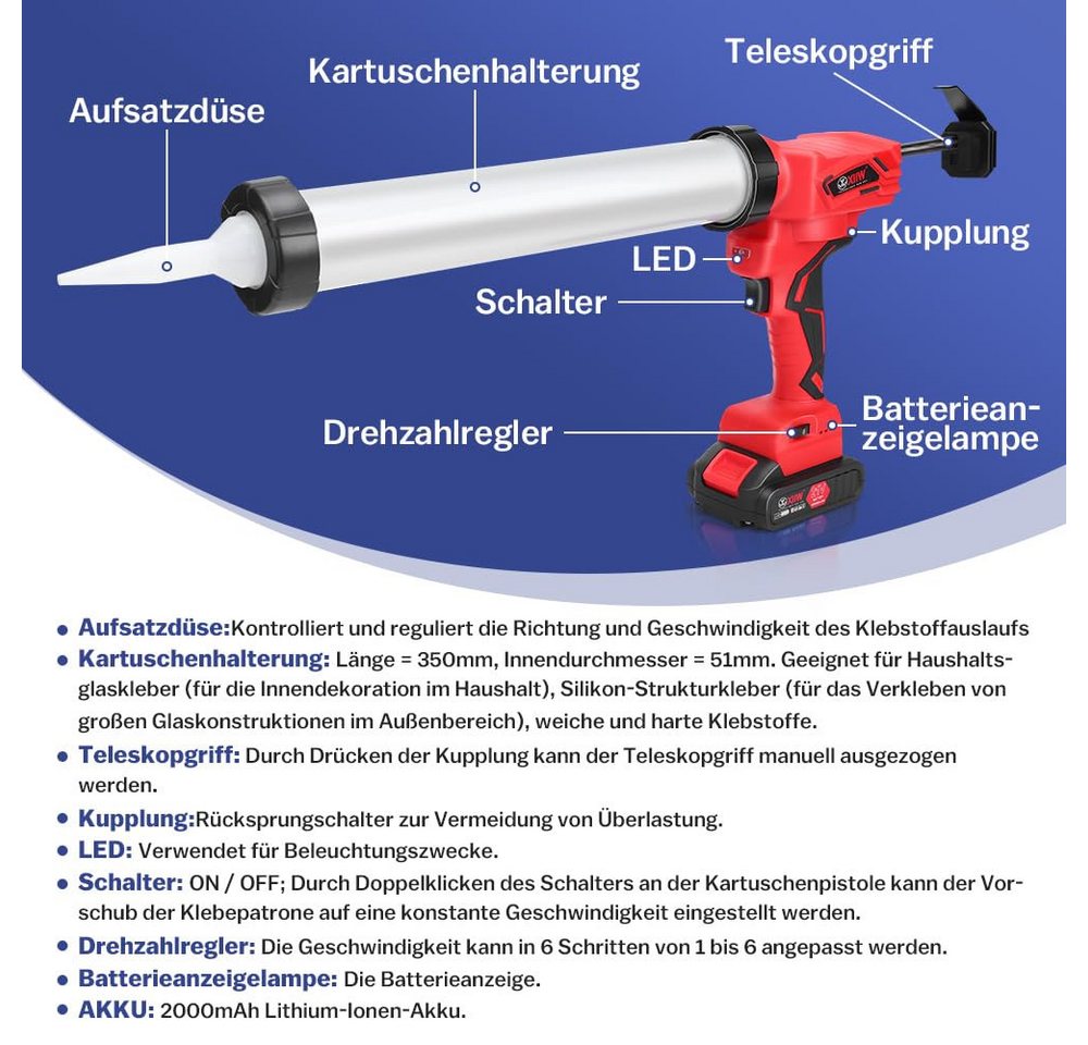 Thumbnail - XERSEK Heißklebepistole Elektrische Kartuschenpresse Akku Silikonspritze mit 2 Akku (21V 2 Ah), (7840N Kartuschenpistole...