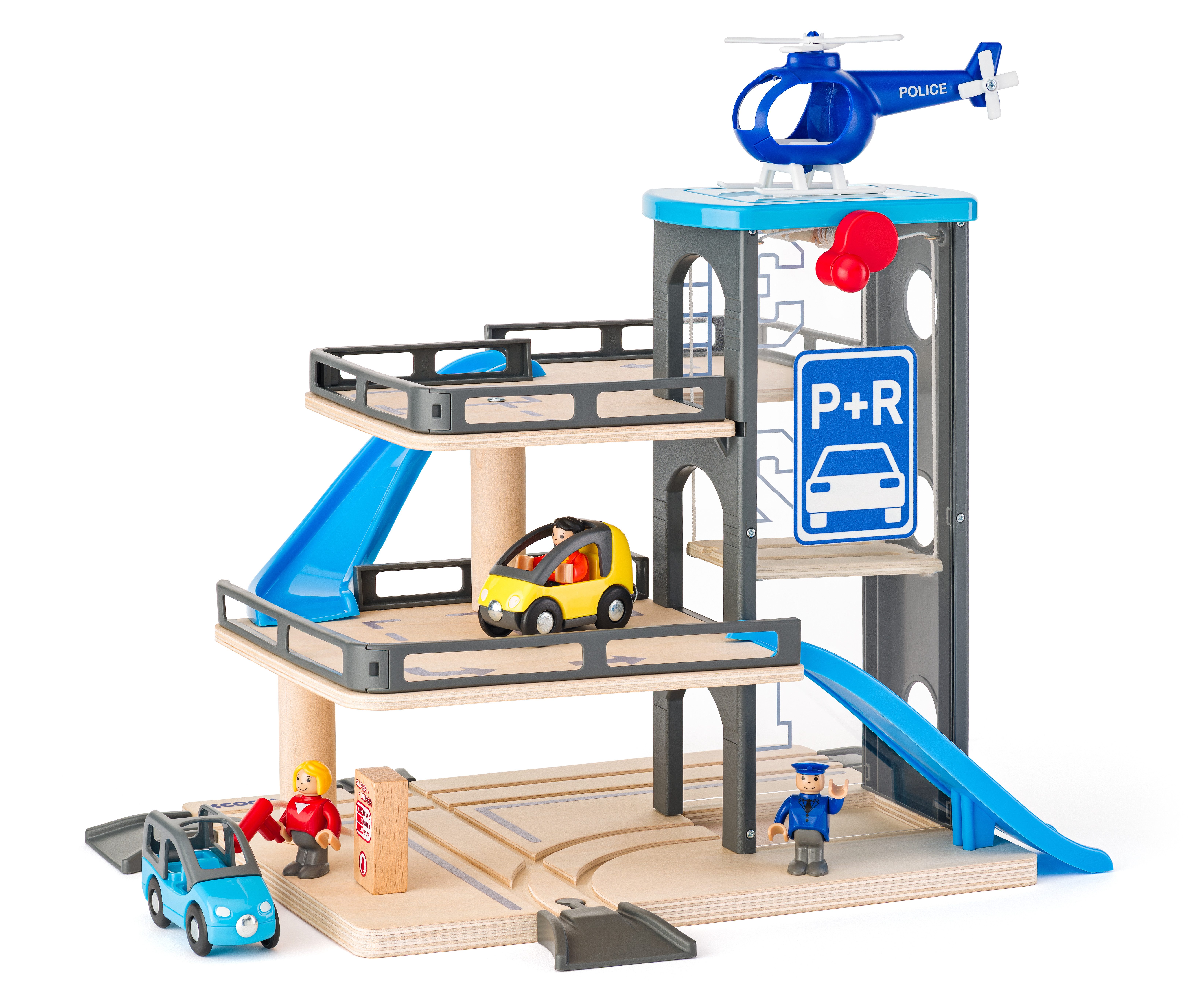 Woodyland Spiel-Parkgarage Parkgarage auf 3 Ebenen, mechanischer Lift und Hubschrauberlandeplatz (7-tlg)