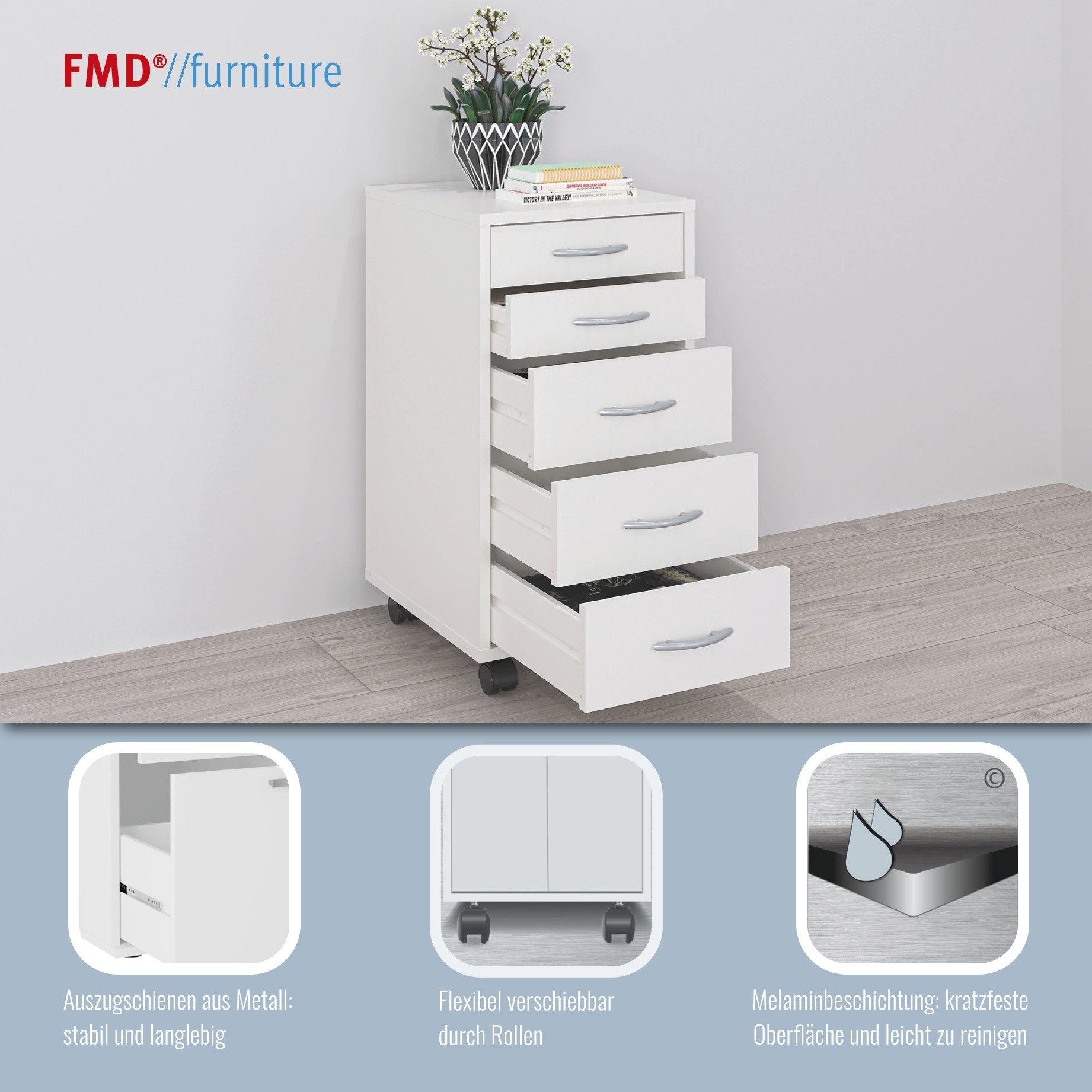 FMD Rollcontainer Freddy, Büroaufbwahrung mit 5 Schubkästen auf Rollen, 63 cm hoch