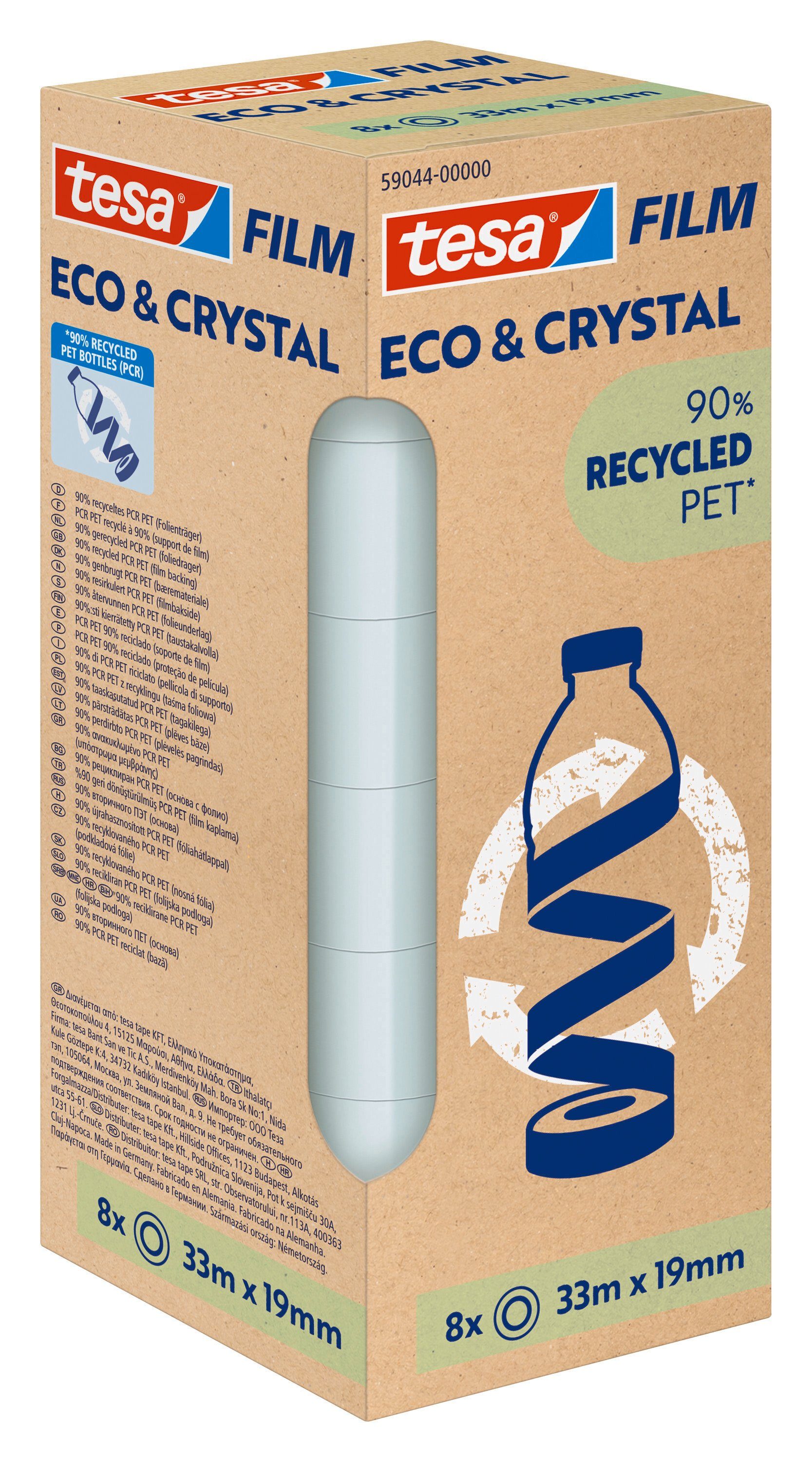 tesa Klebeband tesafilm eco & crystal - starke Klebkraft, transparent und reißfest (Spar-Set, 8-St., 8 Rollen Klebefilm je 33 m x 19 mm) Klebeband mit langanhaltender Klebeleistung, aus PET-Material