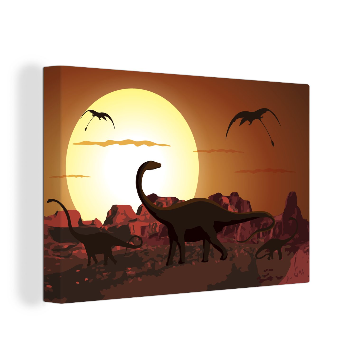 OneMillionCanvasses® Leinwandbild Dino - Jurassic - Sonne - Zeichnung - Jungen - Kinder, (1 St), Wandbild Leinwandbilder, Aufhängefertig, Wanddeko, 30x20 cm