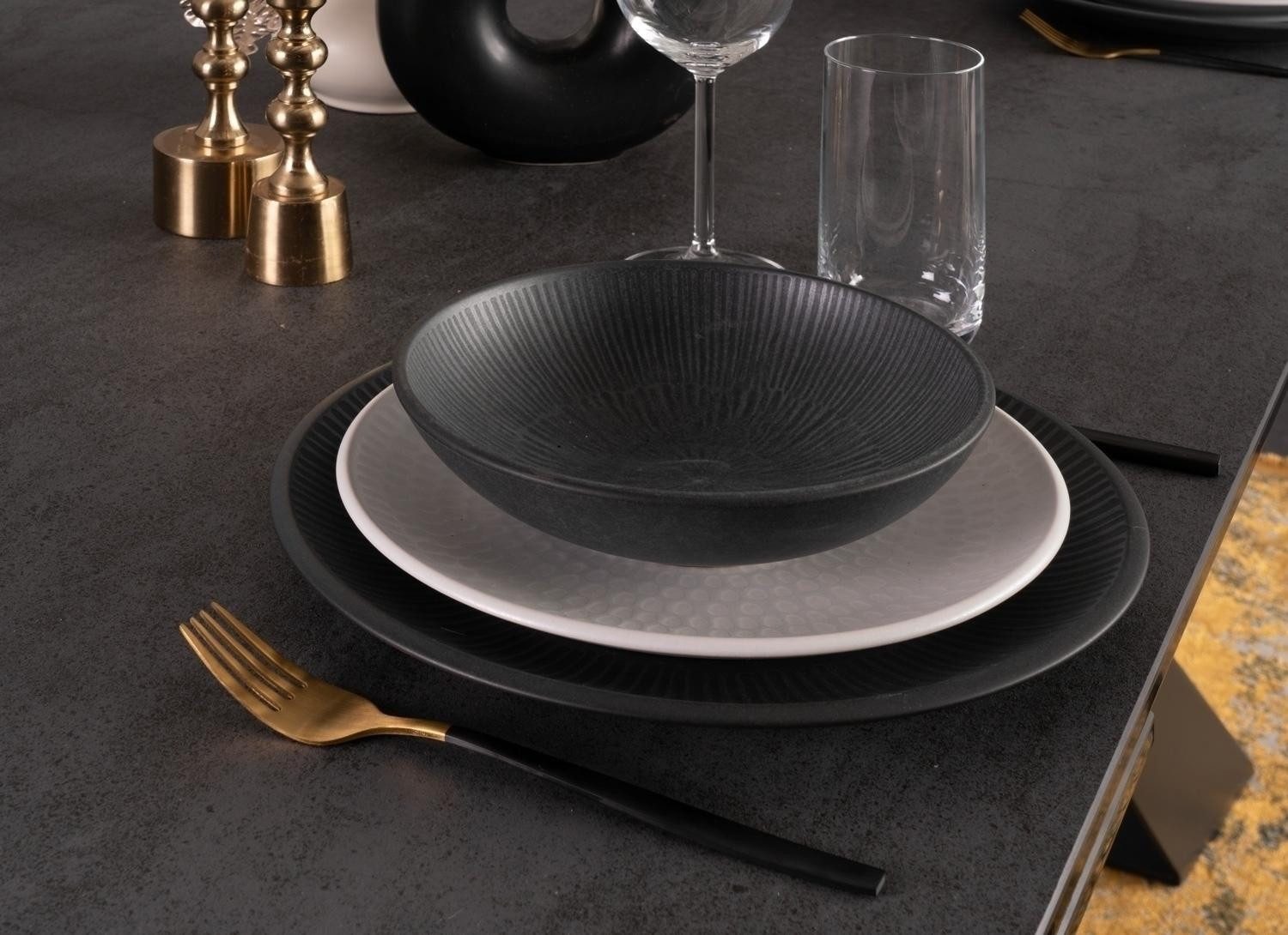 Home4You Speiseteller 4er Set, Schwarz, Ø 27 cm, Steingut, mit linienförmiger Reliefprägung