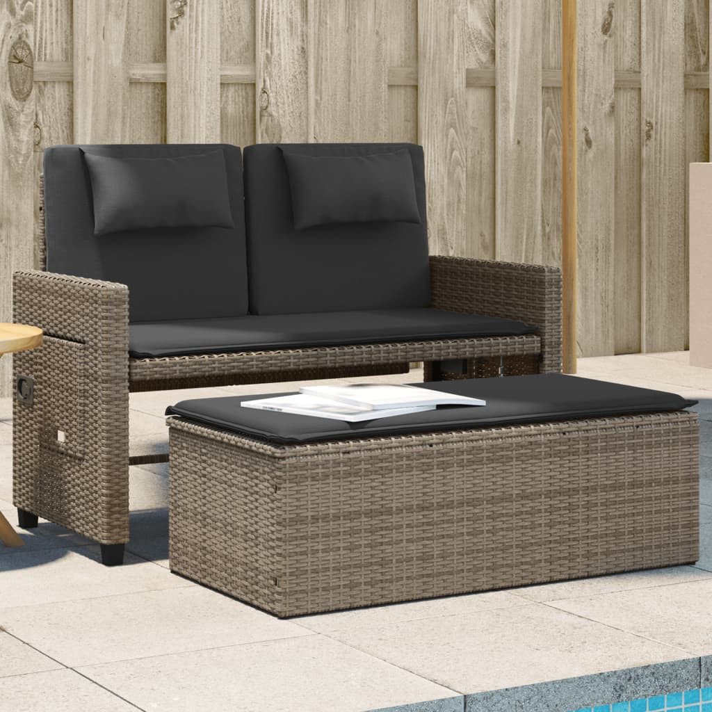 furnicato Gartenbank 2-in-1 mit Beistelltisch 122x58x83 cm Grau, Wetterfeste Sitzbank mit verstellbarer Lehne und ausziehbarer Liege