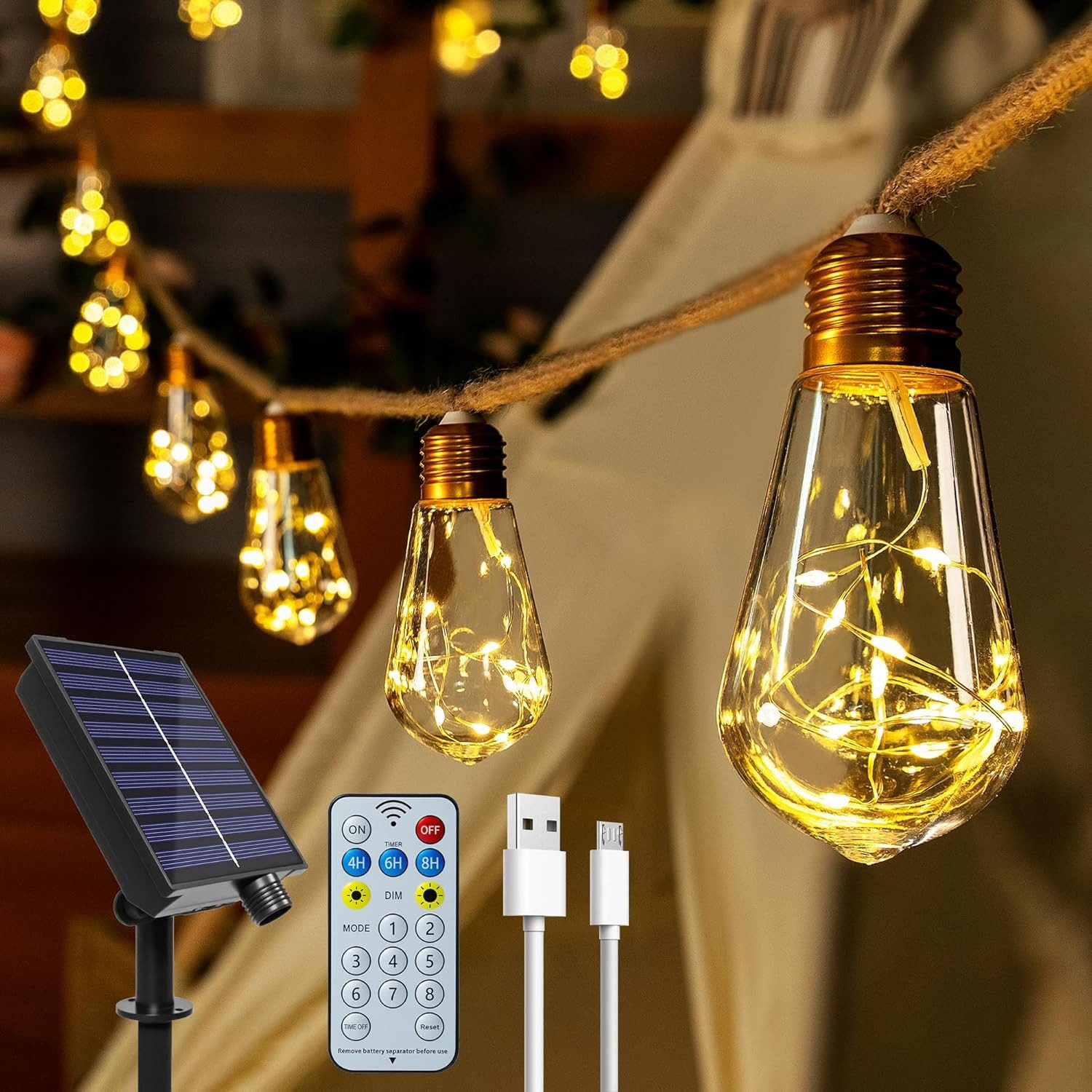 BlingBin LED-Lichterkette Lichterkette Außen 16/26/30/50 LED Glühbirne Bruchsicheren Glühbirnen, 16-flammig, 8M Solarleuchten mit Hanfseil Sommer Outdoor Deko für Gärten, Balkon
