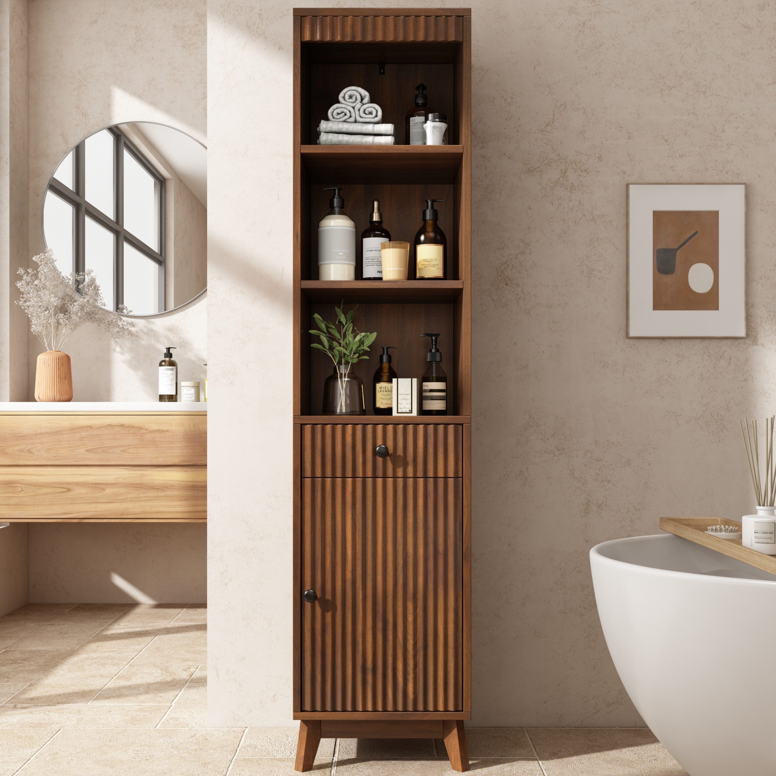 Flieks Badkommode schmal Hochschrank mit Schubladen, Tür rechts oder links wechselbar (Massivholzbeine, Soft-Close-Funktion, vertikal geriffelte Fronten, 1 St., 40x36x172 cm), Badezimmerschrank Multifunktionsschrank mit 5 Fächern Walnussholzfarbe