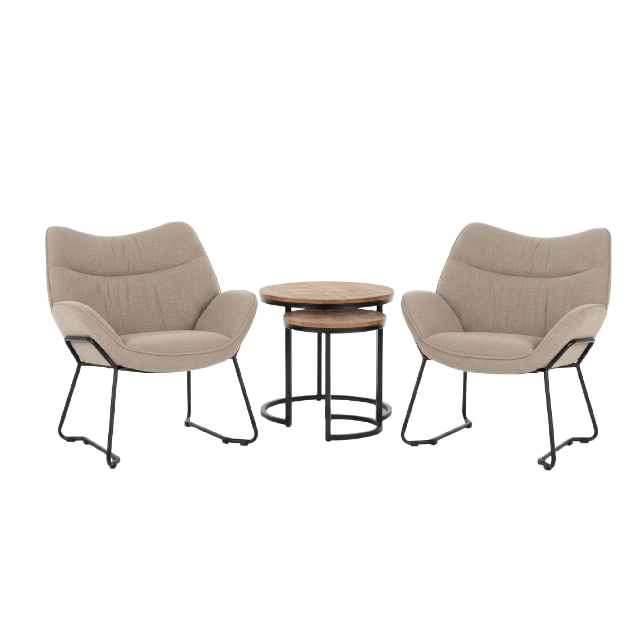 MR.DEKO Loungesessel Wohnzimmer-Set 2x Sessel Aliano mit Beistelltisch-Set Fermo beige (2‑teiliges Indoormöbel‑Set: 2x Sessel + 2x kleine Tische, 4-St), Comfort‑Sessel beige & Beistelltische massiv Leseecke