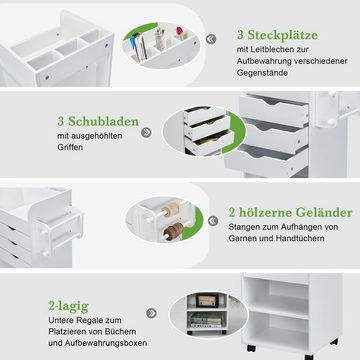 COSTWAY Aktenschrank Rollcontainer auf Rollen, mit Schubladen und Stangen