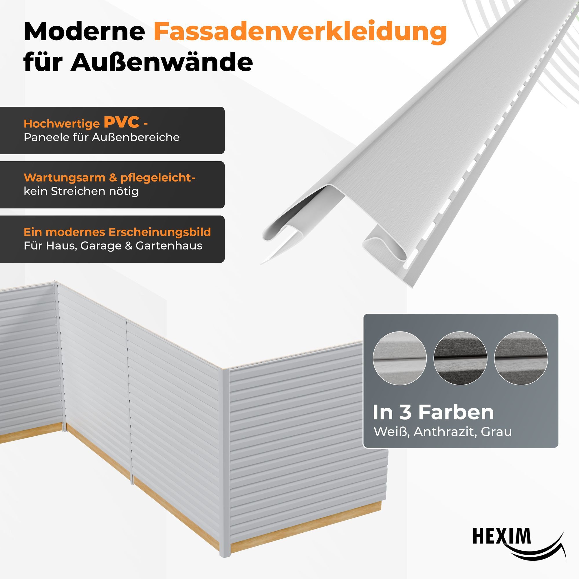 Hexim Verkleidungspaneel, (Siding Fassadenpaneele außen Fassadenverkleidung wetterfest Kunststoffpanelee PVC-U Verkleidung Außenwand Hausverkleidung UV-beständig - (Anfangsprofil weiß)