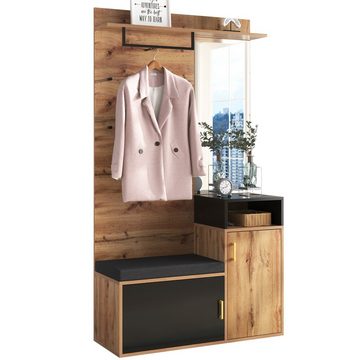 Merax Garderoben-Set in Wildeiche für Ihren Eingangsbereich, Flurgarderoben Set, Kompaktgarderobe mit Spiegel