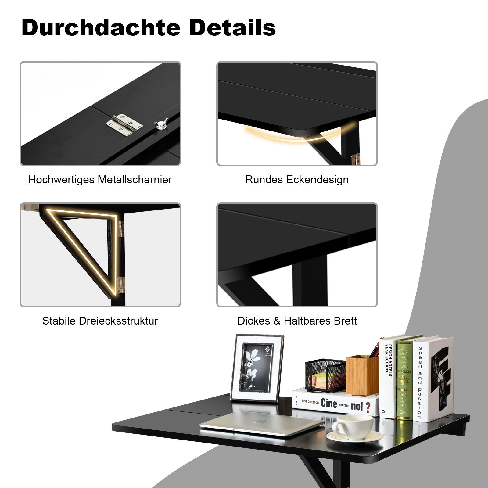 Klapptisch Schwarz cm, 80 60 x Wandtisch COSTWAY Wandmontage, klappbar