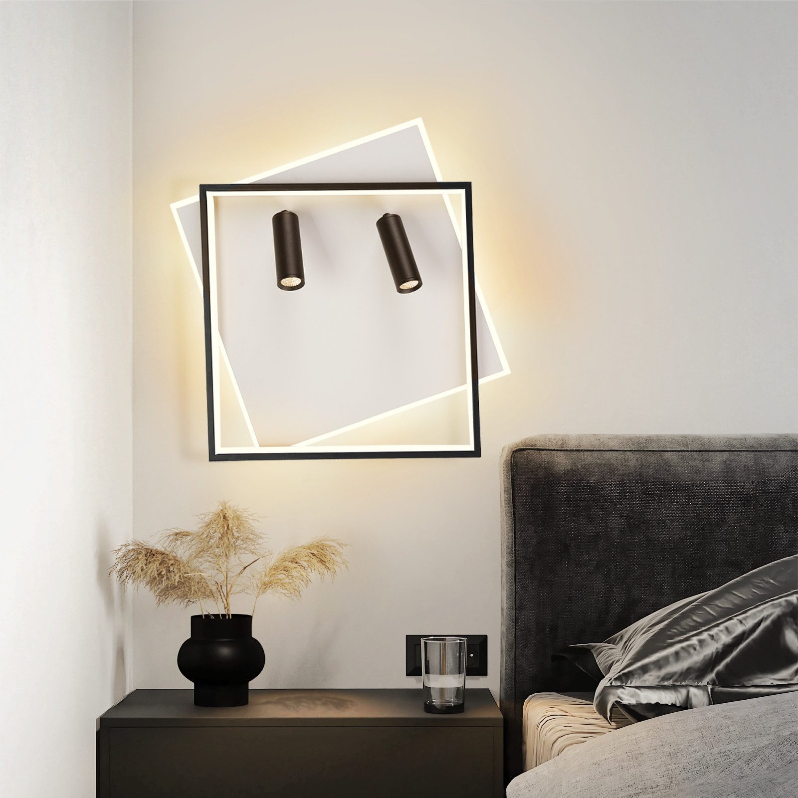 Nettlife LED Deckenleuchte Deckenlampe Schwarz Rund 52W Dimmbar mit 2 Deckenstrahler Modern Acryl, Dimmbar mit Fernbedienung, LED fest integriert, mit Fernbedienung für Schlafzimmer Küche