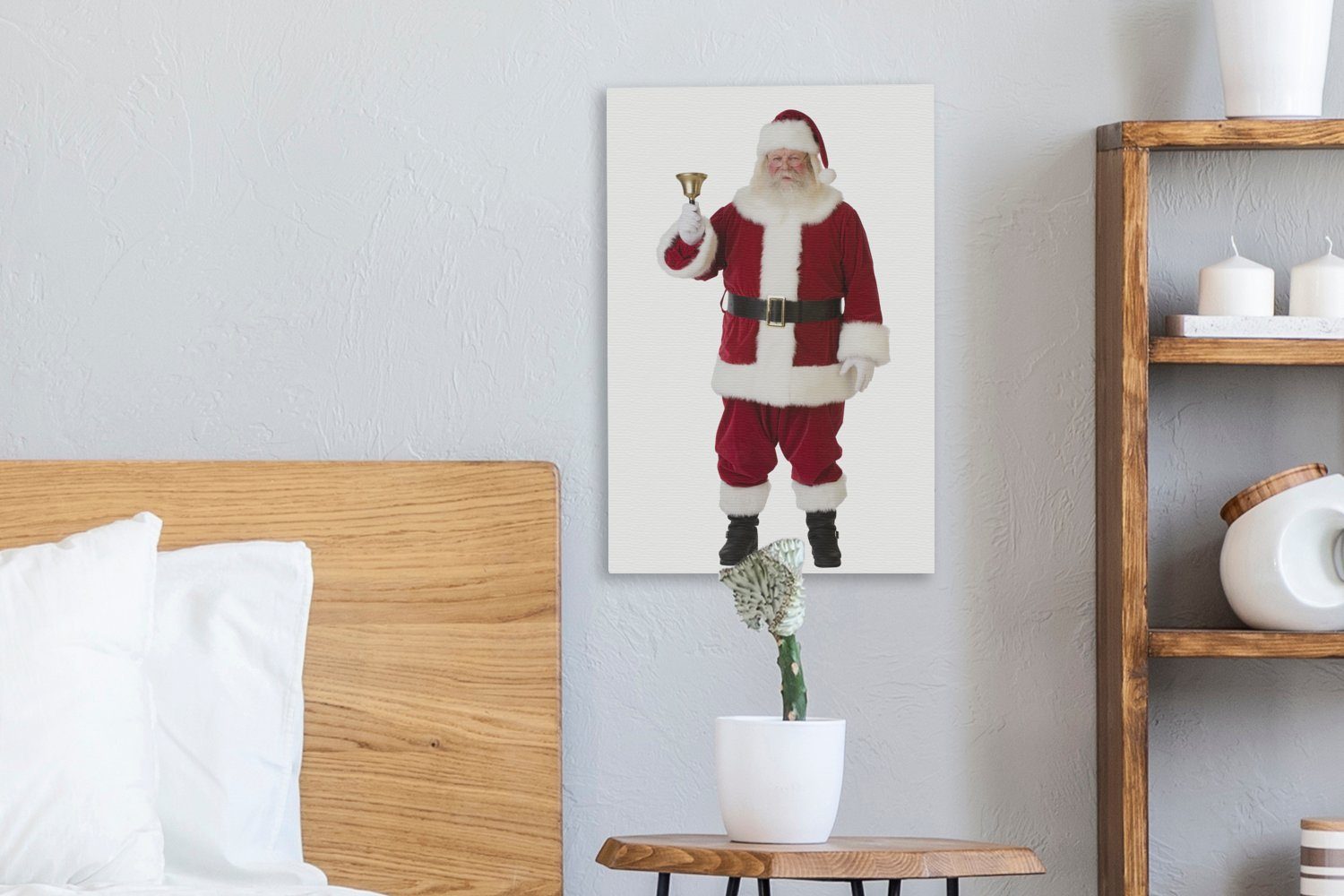 Zackenaufhänger, läutet weißen, Leinwandbild 20x30 OneMillionCanvasses® cm Der seine Weihnachtsmann ikonische Gemälde, (1 auf einem St), fertig Glocke inkl. bespannt Leinwandbild