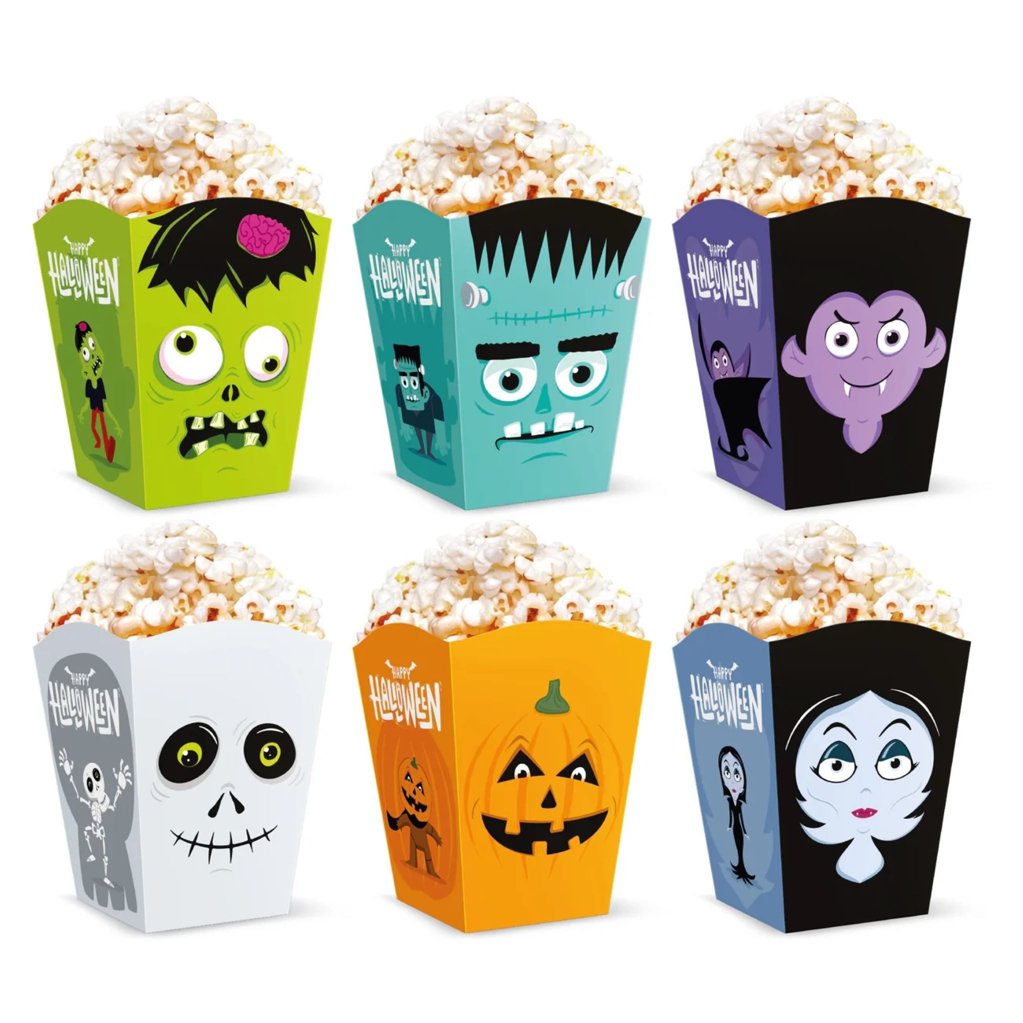 PartyPal Snack-Deckel Halloween Popcornbox mit Monstern & Kürbis – 6er-Set
