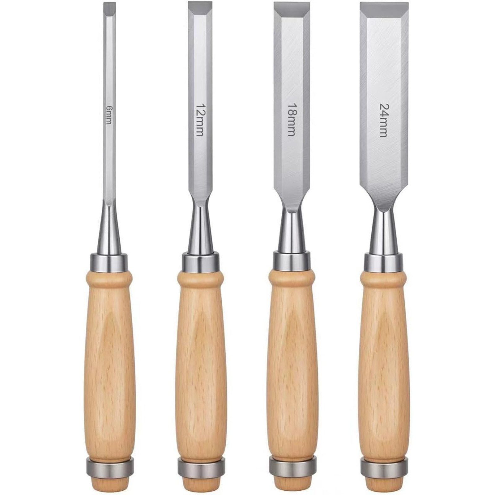 Jumpeak Beitelsatz Stechbeitel,Stechbeitel-Set,4-teilig,Buchegriff,Kohlenstoffstahl, (Spar-Set, 4-tlg., Meißelsatz, vierteilig (6, 12, 18, 24 mm), Holzbeitel Set,C45 Stahl,Buchenholz,Schnitzen,Geschenk für Handwerker
