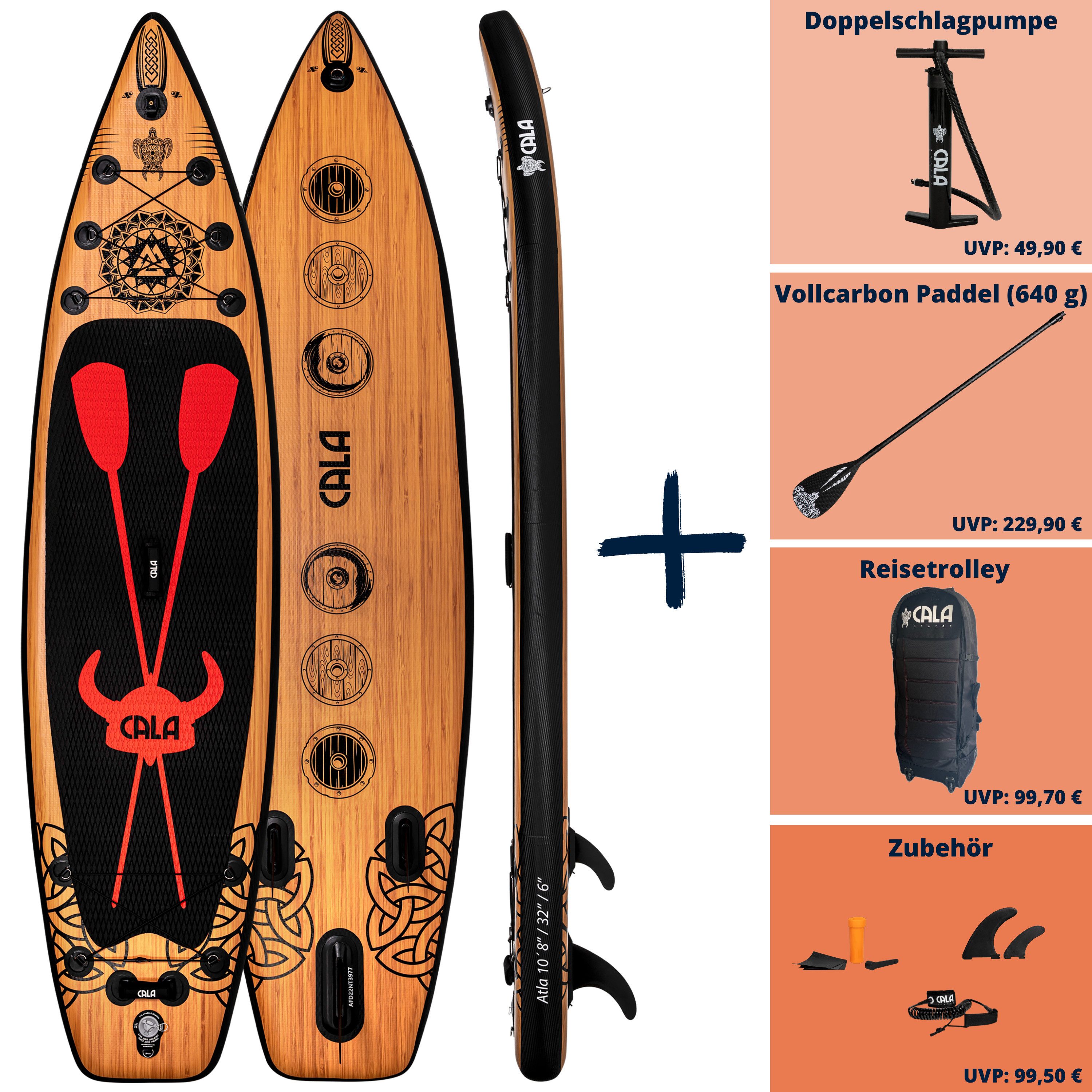 CALA SUP-Board ATLA, robustes SUP- Board aufblasbar, (Komplett-Set, SUP BOARD inkl. Board Bag, Pumpe, Vollcarbon-Paddel, Reparatur Kit), Äußerst widerstandsfähig gegen äußere Einflüsse