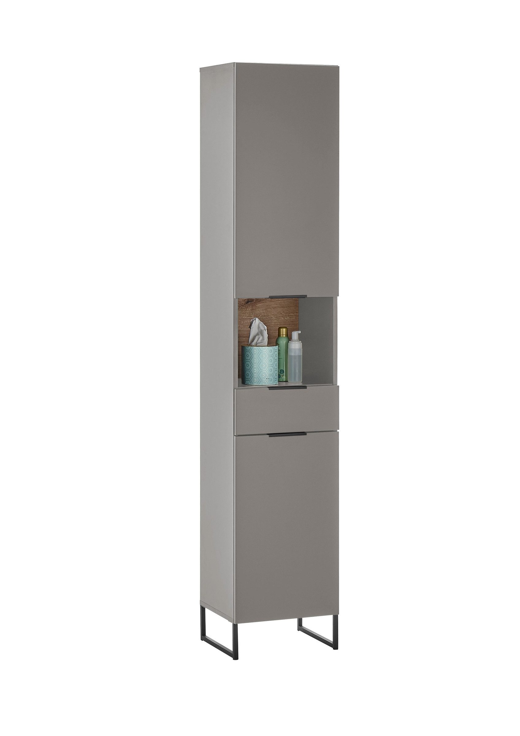 PREISBRECHER Hochschrank Denver 2 Türen, 1 Schublade, grau / evoke eiche Dekor - 38x195x32cm (BxHxT)