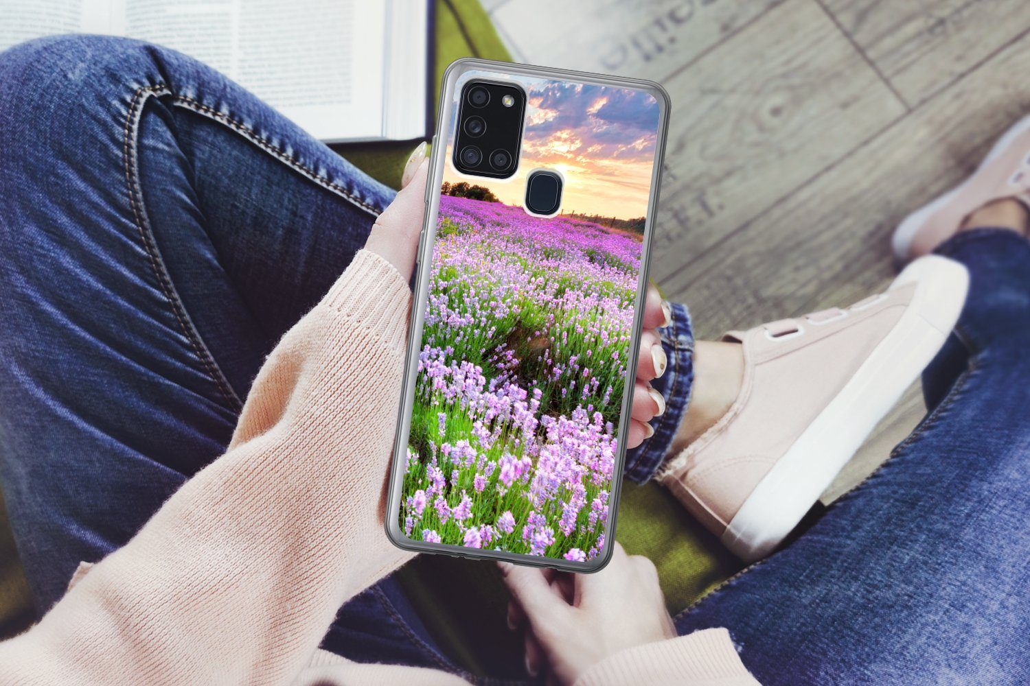 MuchoWow Handyhülle für Samsung Galaxy A21s Blumen - Lavendel - Lila - Himmel - Sonnenunte, Smartphone-Bumper, Print, Handy Schutzhülle Dünn