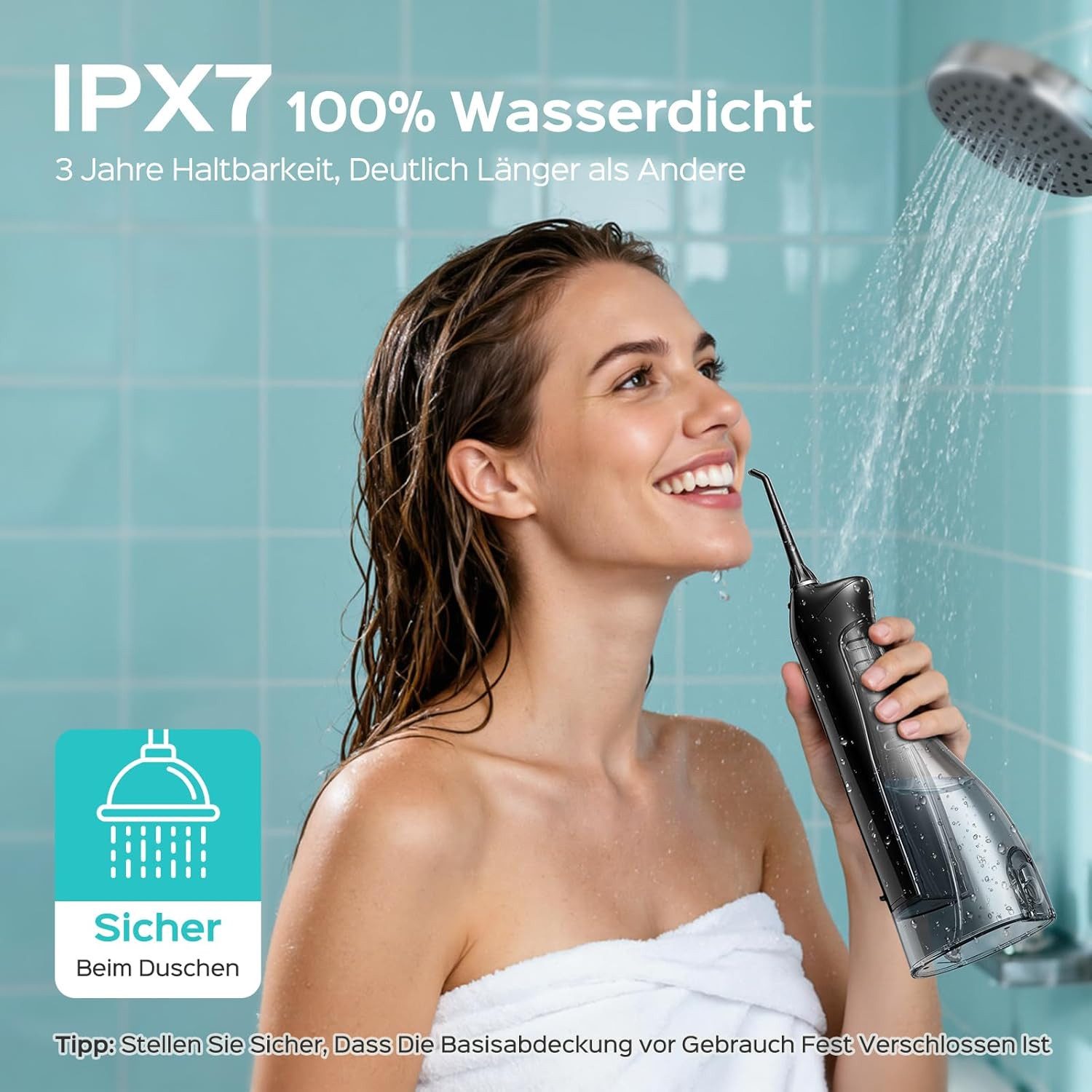 COSLUS Munddusche elektrisch Kabellos C20 – 300 ml Wassertank, 5 Düsen, Wiederaufladbar, Aufsätze: 5 St., Für Zahnspangen, Brücken, Kronen und Implantate geeign – Bild 5 von 5