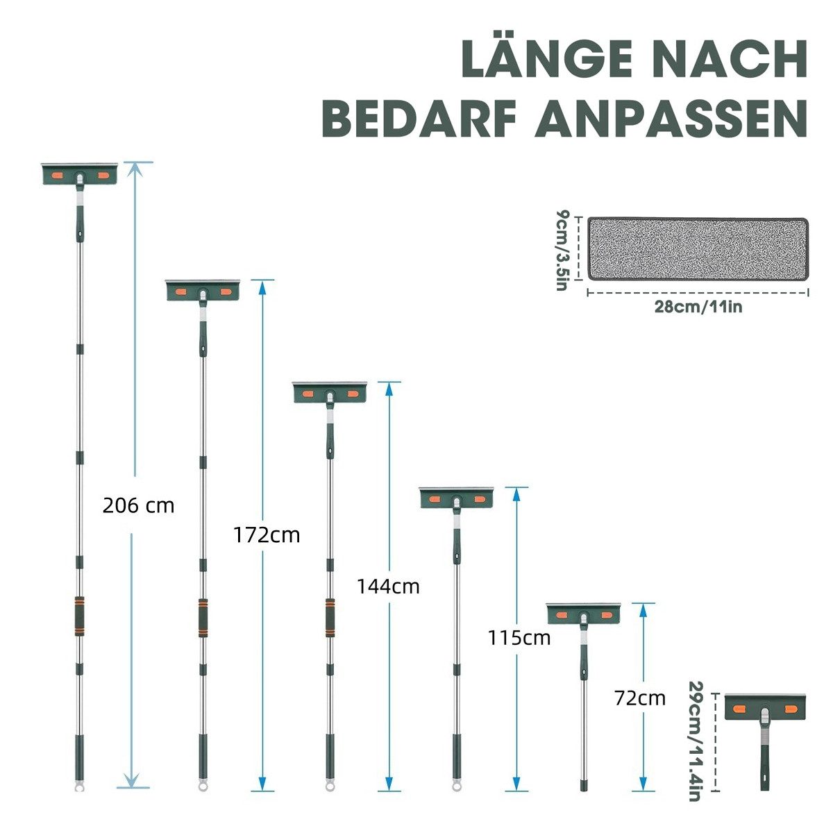 Bomiclss Fensterreiniger Teleskop-Fensterabzieher mit Silikon-Lippe & Mikrofaserpad, (1-St) Professioneller Fensterwischer für Innen & Außen, verstellbarer Stiel