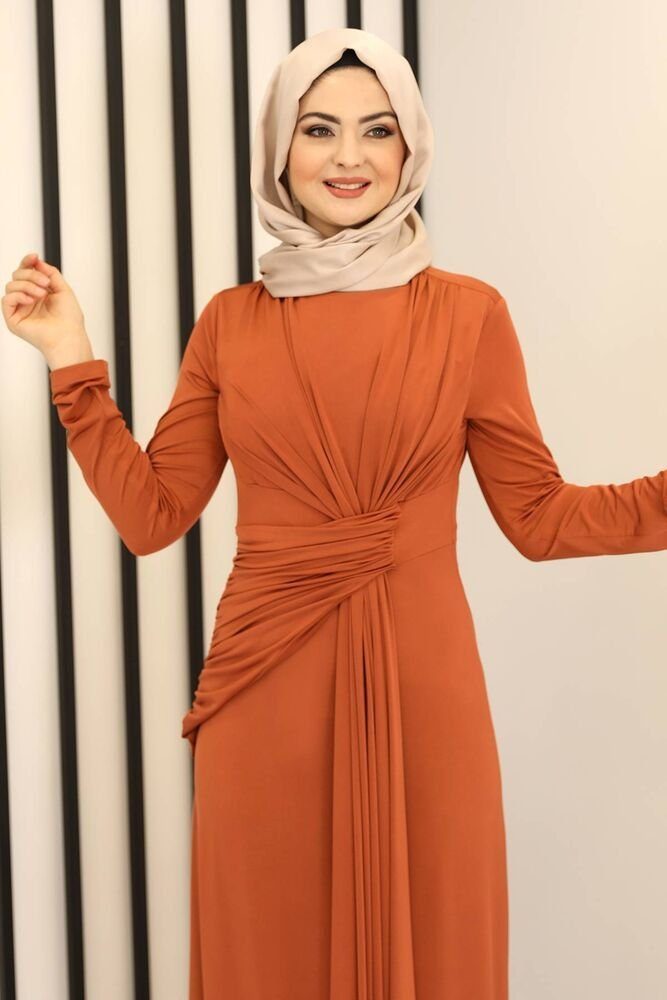 fashionshowcase Abendkleid Damen Elegantes Maxikleid - Modest Fashion, Hijab-freundlich Hochgeschlossener Kragen, Drapierung an der Taille