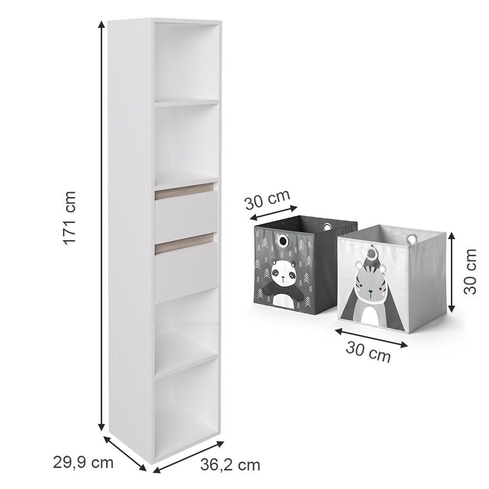 Vicco Bücherregal Robert, Weiß/Sonoma, 36.2 x 171 cm mit Faltboxen grau, 1-tlg.