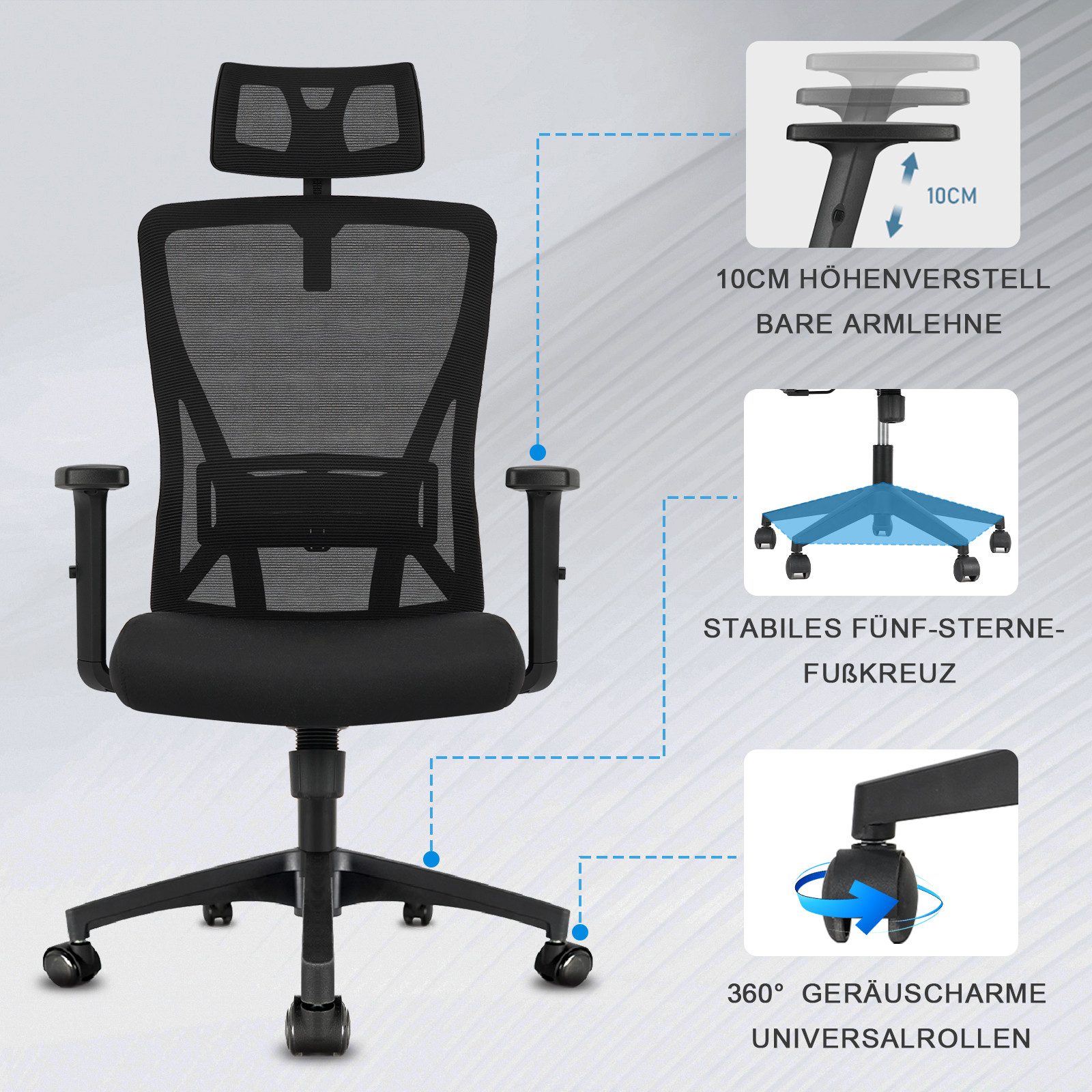 Durrafy Bürostuhl 200kg Ergonomischer Bürostuhl-Verstellbare Lordosenstütze (200 kg extra hohe Belastbarkeit) Verstellbare Lendenwirbelstutze + Kopfstutze + hohenverstelbare Armlehnen),bis zu 130° neigbar, atmungsaktives Netzgewebe, Drehstuhl