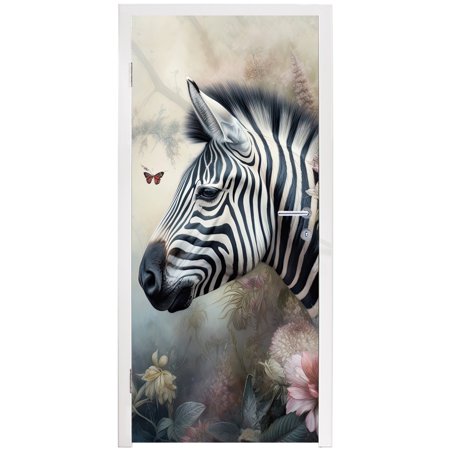 75x205 Zebra cm - (1 Tiere für Türaufkleber, Tür, - Türtapete - bedruckt, Blumen, Fototapete MuchoWow Wilde Schmetterling Matt, St),
