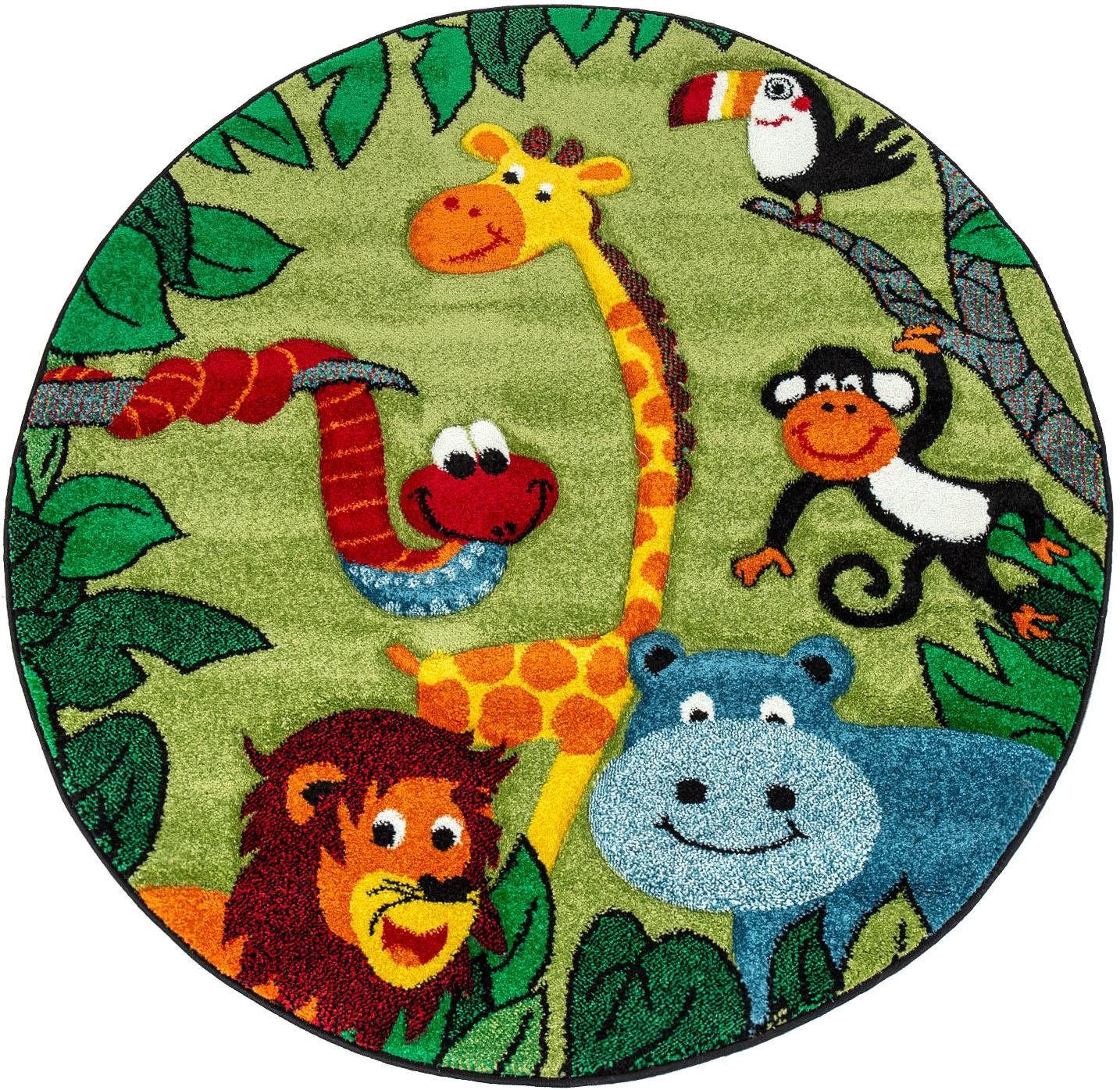 Paco Home Kinderteppich Diamond 638, rund, Höhe: 18 mm, Kurzflor, 3D-Design, Motiv Dschungel Tiere, Kinderzimmer