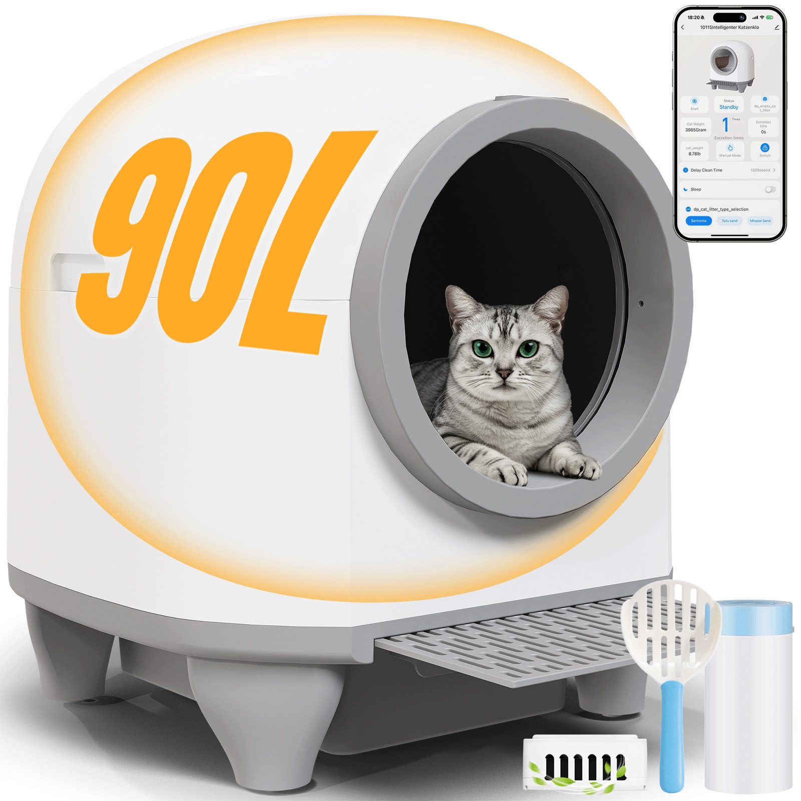 Katzentoilette 90L Selbstreinigende Elektrisches Katzenklo XXL mit App-Steuerung