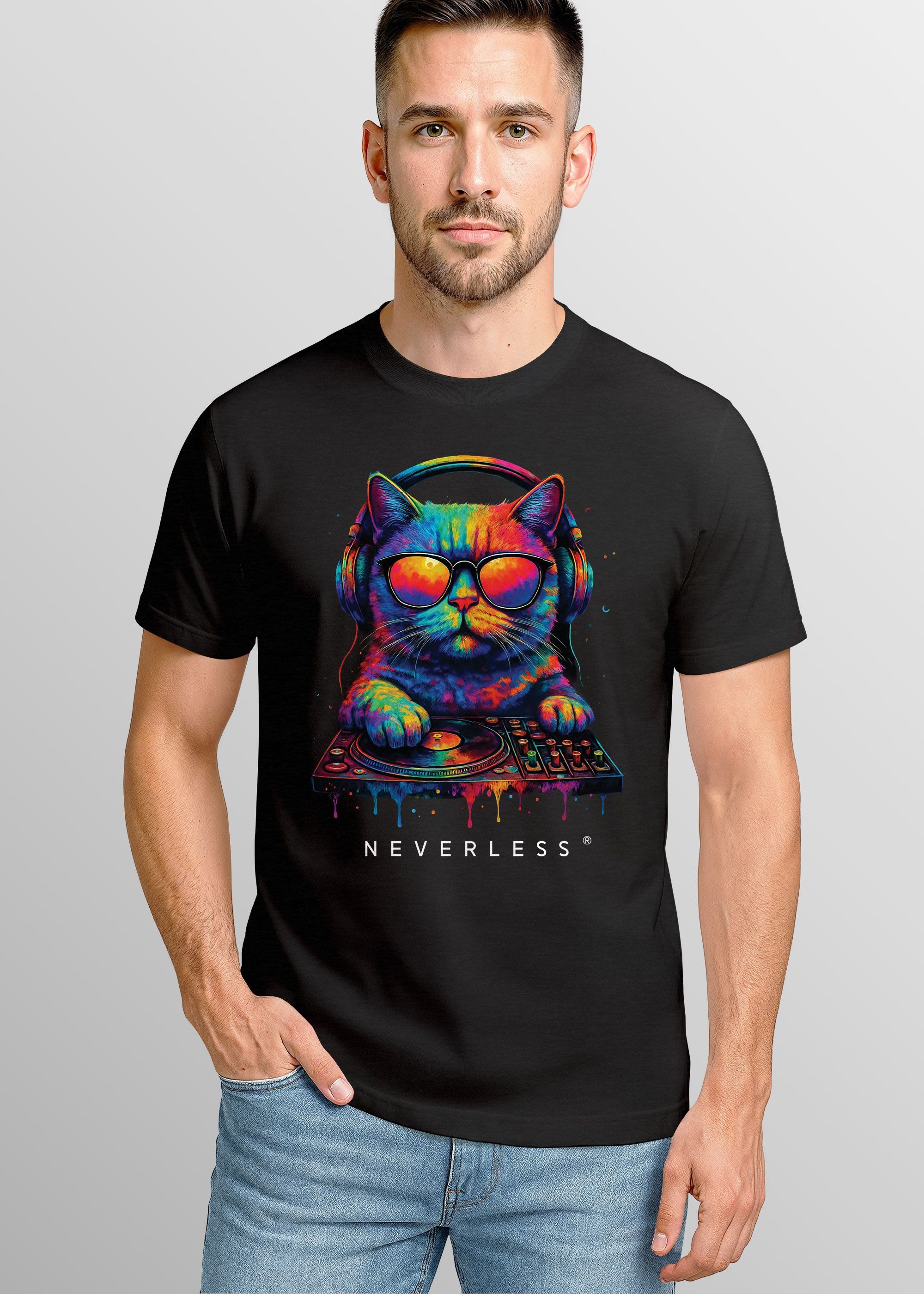 Neverless Print-Shirt Herren T-Shirt DJ Katze Musik Print Festival EDM Shirt mit mit Print