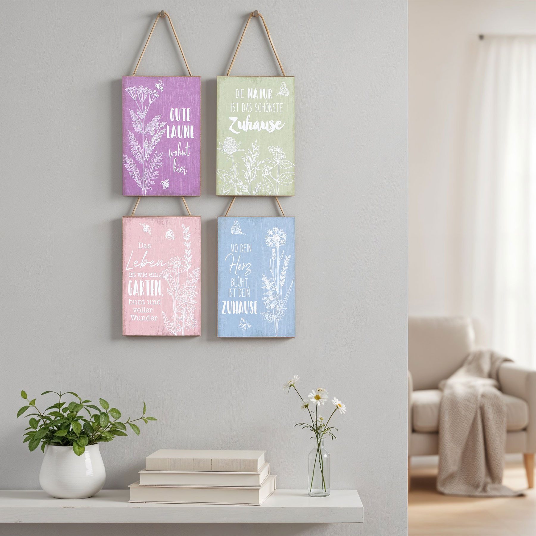 Levandeo® Holzbild 4er Set Deko Schilder 10x15 MDF Holz Pastell Sprüche Garten Hängedeko