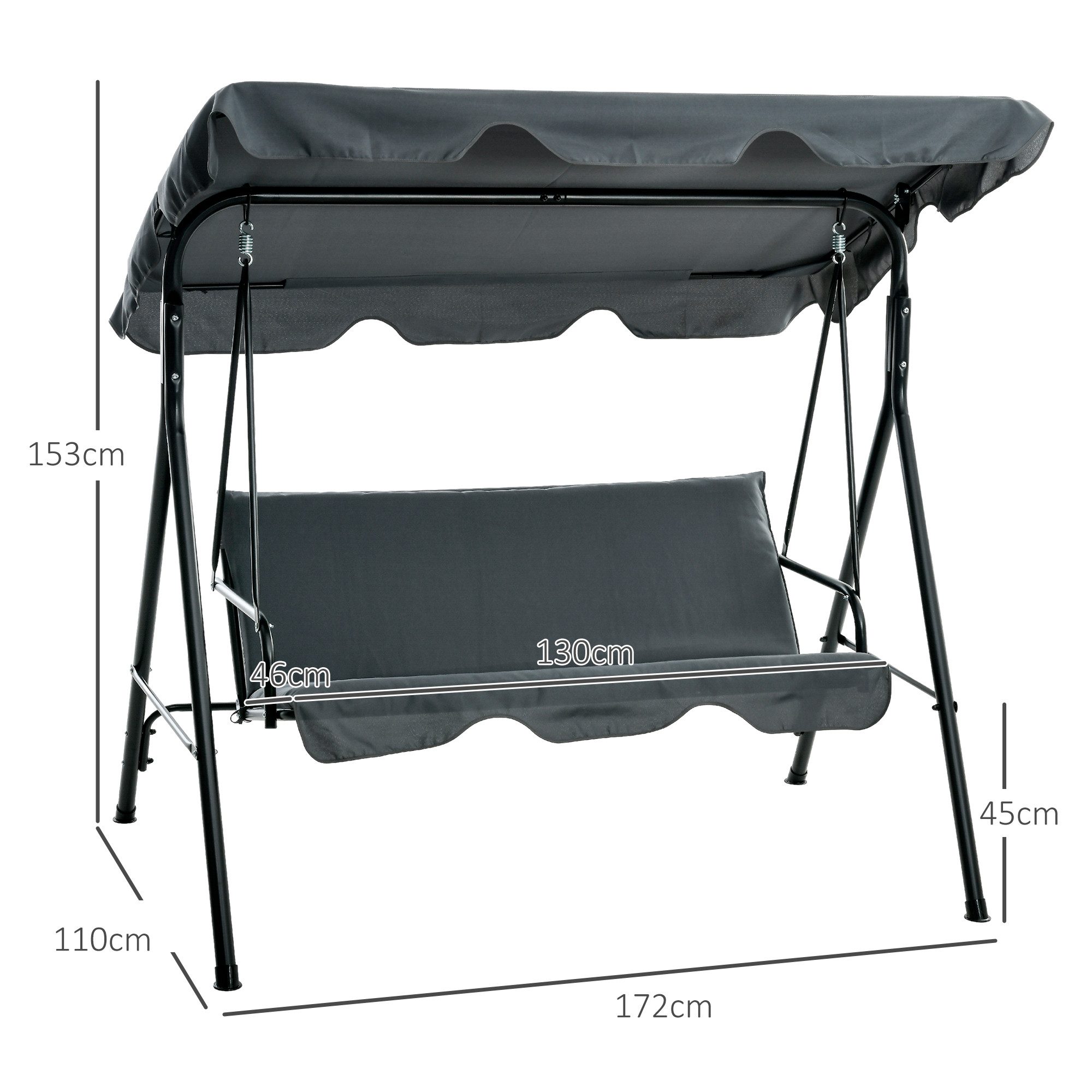 Outsunny Hollywoodschaukel mit Sitzpolster, Sonnendach, belastbar bis 240kg, 3-Sitzer, mit Sonnendach, 3-Sitzer Gartenschaukel, 1 tlg., Schaukelbank, für Garten, Terrasse, 172 x 110 x 153 cm, Grau