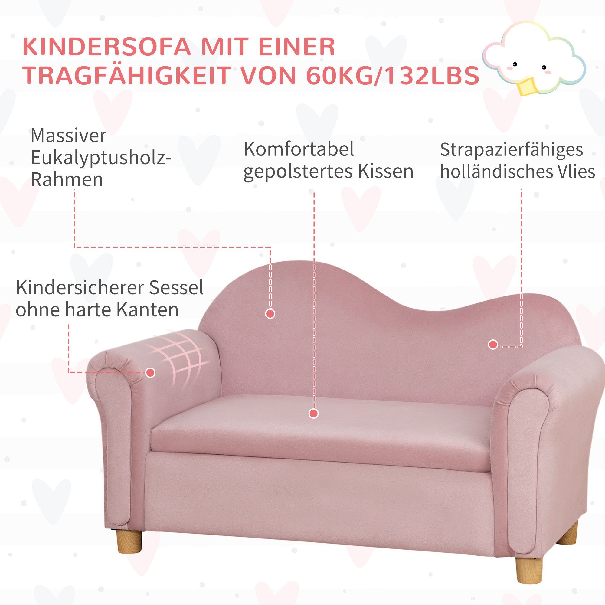 für (Set, Kinder Spielsofa 84L cm Kindersofa Kinder, HOMCOM Zweisitzer 48.5H für Stauraum, 3-5 Jahre), Sessel Rosa mit 41.5B x x 1-St.,