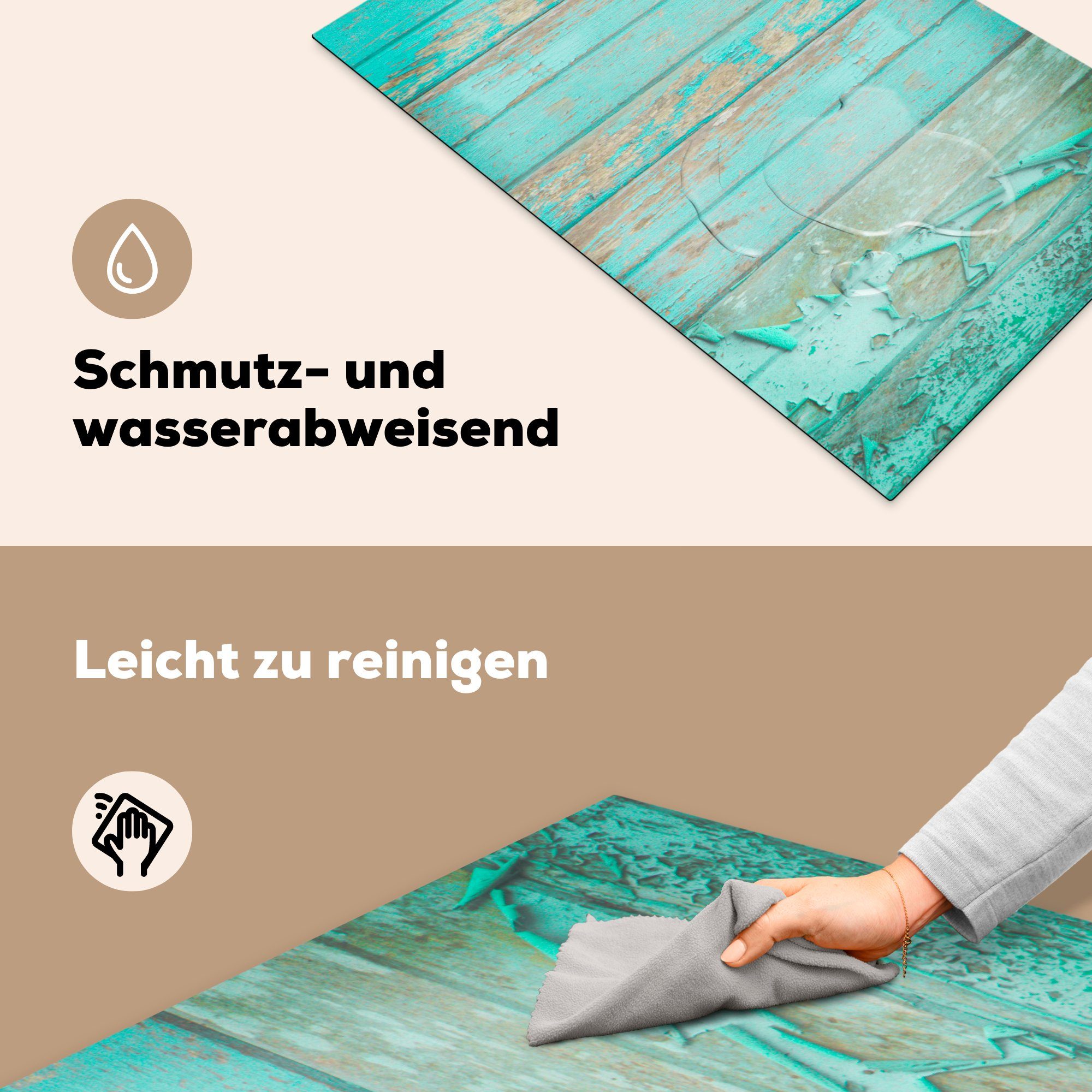 MuchoWow Herdblende-/Abdeckplatte Holz mit Belag, für Ceranfeldabdeckung, tlg), (1 cm, Arbeitsplatte türkisfarbenem Vinyl, küche 83x51
