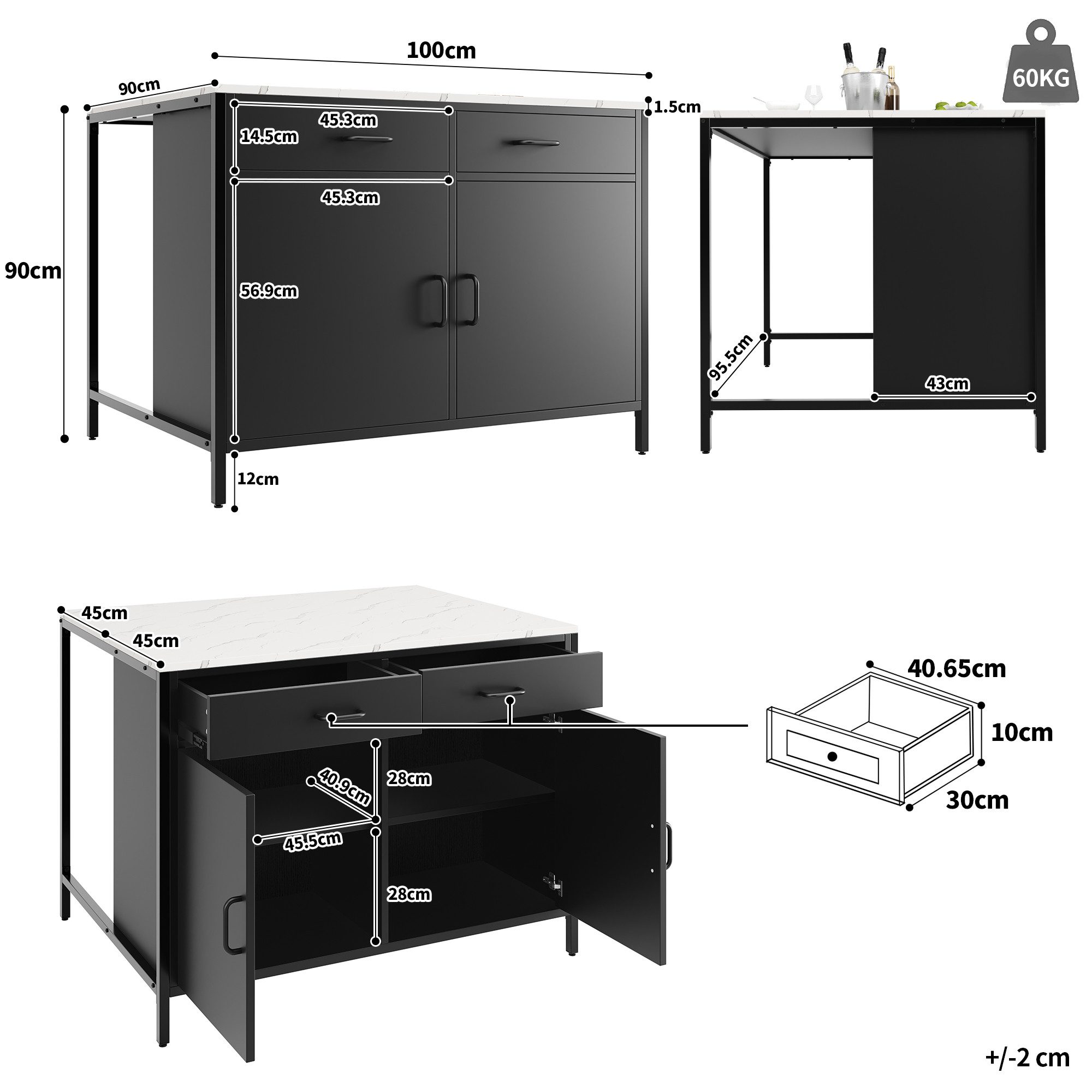 Flieks Stehtisch Bartisch/Küchenschrank mit 2 Schubladen und Türen (B100/T90/H90 cm, 1-St., Arbeitsplatte in weiße Marmoroptik, mit verstellbare Fußpolstern), Küchentisch mit Kommode Kücheninsel mit Esstisch schwarz, Eisengestell
