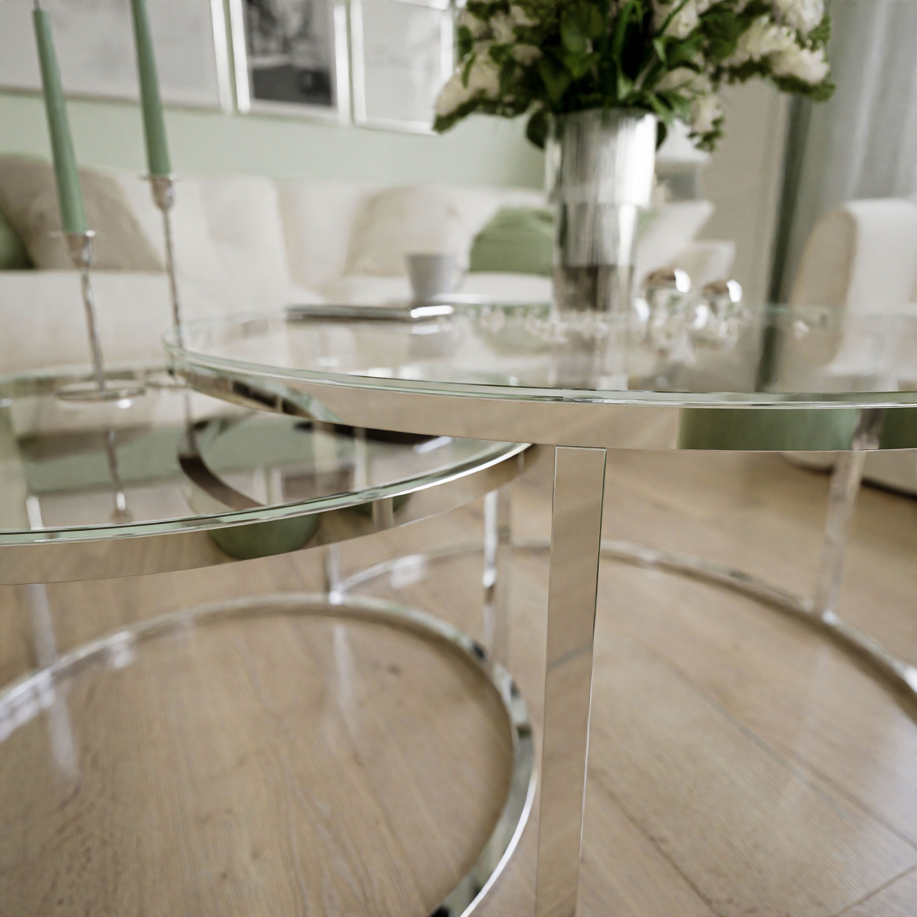 Lookway Couchtisch CIRI 2in1 GLASS mit Chrom Gestell (2er Set), Durchmesser: ⌀70 cm und ⌀50 cm – Bild 4 von 5