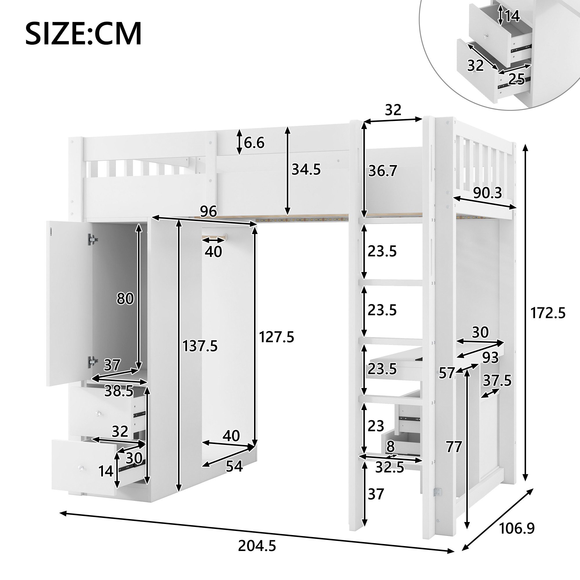 Flieks Loft Bed Children's Bed 90x200cm with Drawers Wardrobe Desk LED & Charging