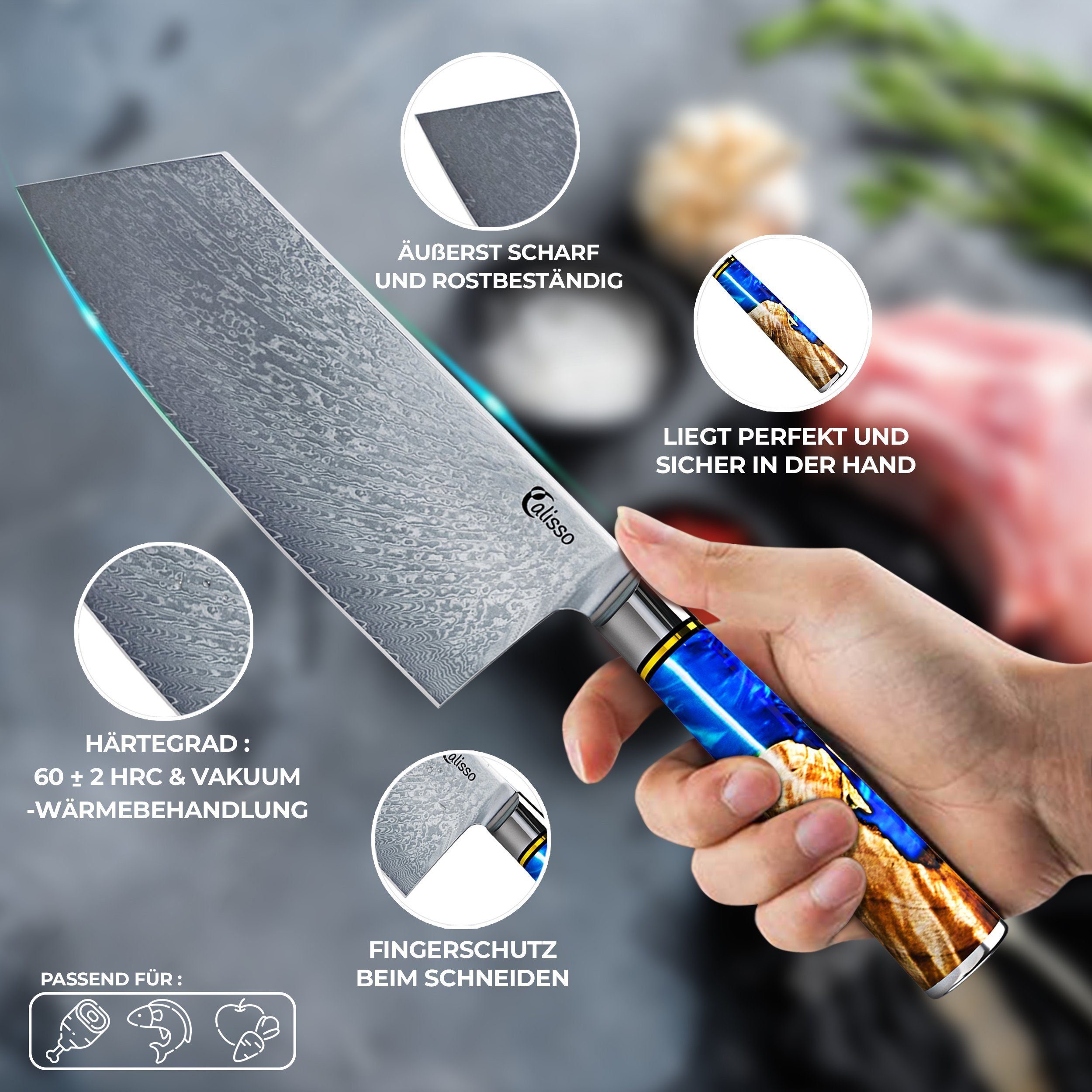 Calisso Hackmesser Aquamarine Line Chai Dao Chinesisches Küchenmesser, Damastmesser
