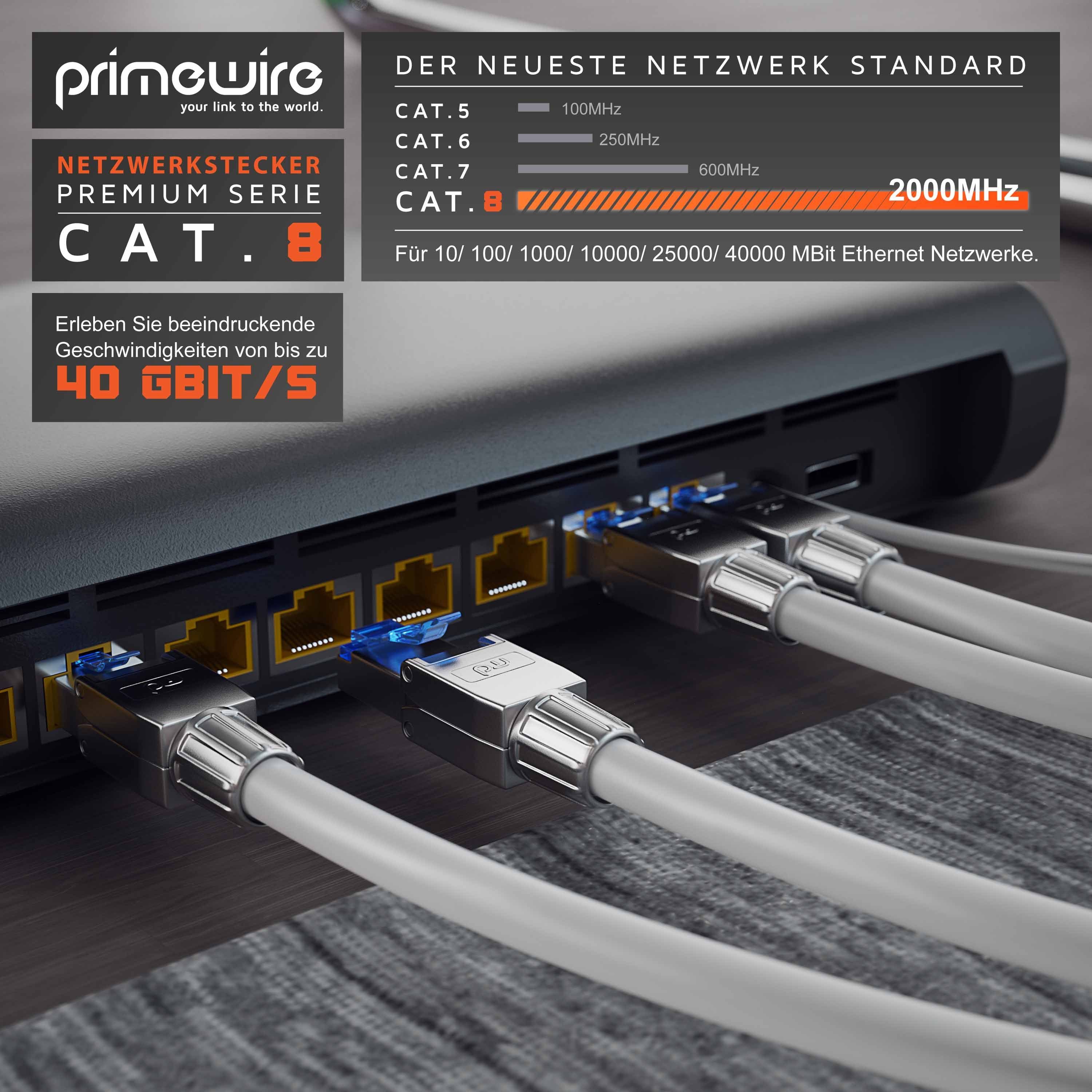 Primewire Netzwerkstecker RJ45 CAT 8, Gigabit Ethernet LAN Kabel, 40 Gbit/s Netzwerk-Adapter RJ-45 (Ethernet) zu Netzwerkkabel, Werkzeuglose Crimpstecker, Steckverbinder für Netzwerk- & Verlegekabel