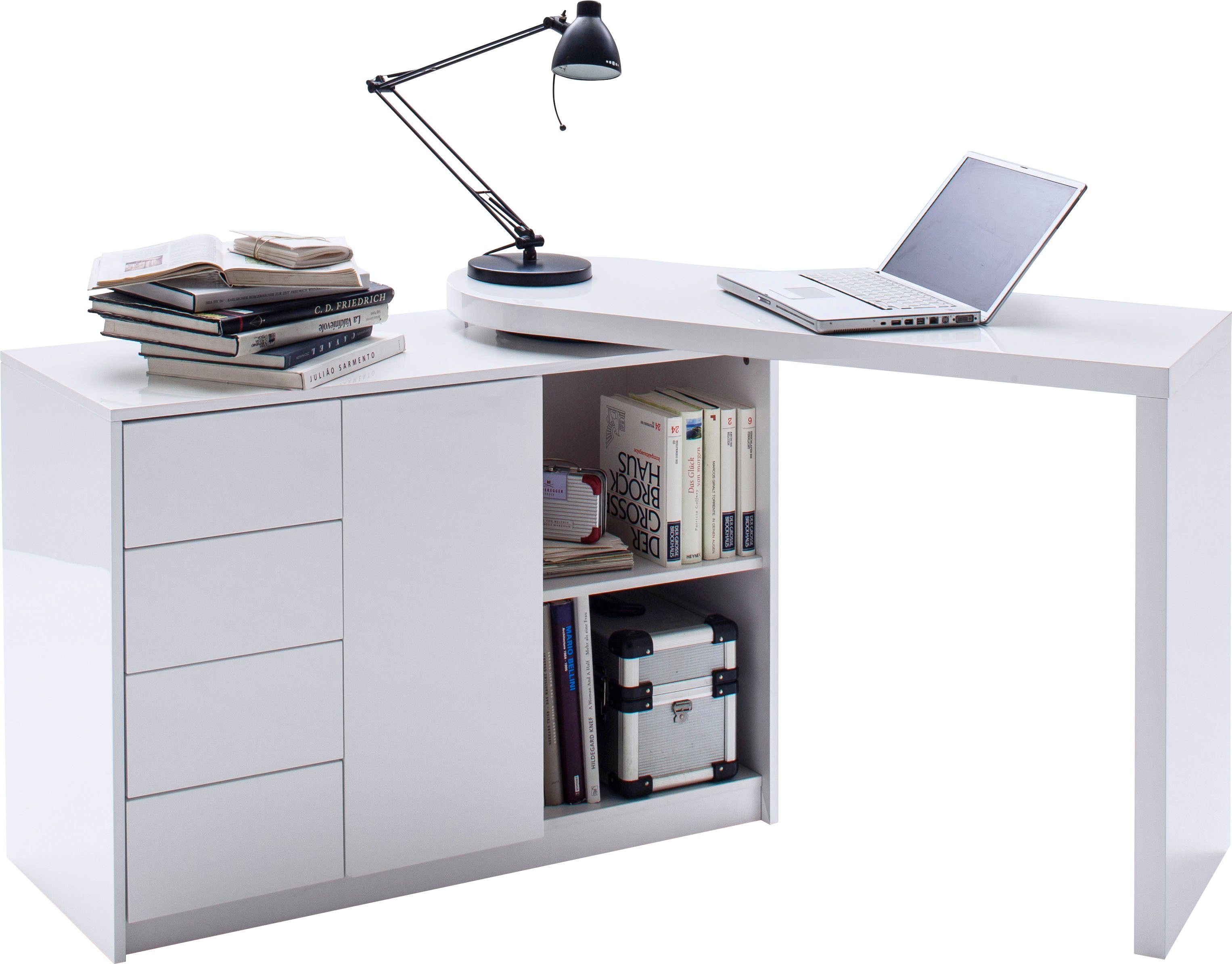 MCA furniture Schreibtisch Tischplatte mit Matt, Schwenkbar Regalschrank, Weiß Hochglanz