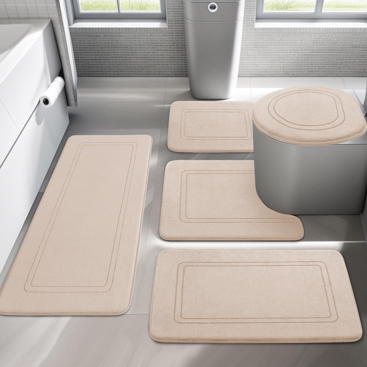 LuxusKollektion Badematte Badezimmerteppich Set 5-teilig Beige, Höhe 15 mm, rutschhemmend beschichtet, Memory Schaum, Textil, rechteckig