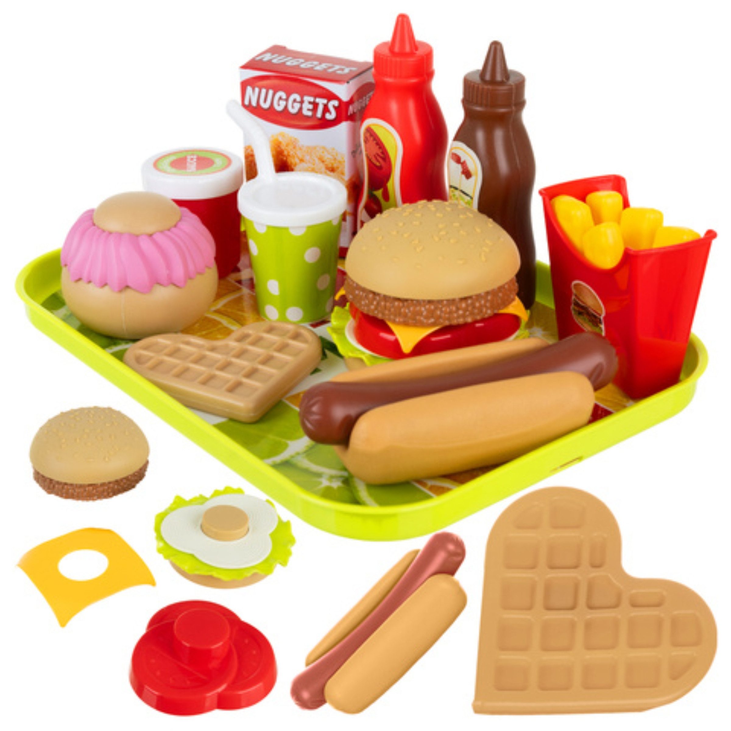 KRUZZEL Spiellebensmittel Fast Food Spielzeug Kinder 26 Teile Spielküche Burger Pommes Set, (Set Fast Food Spielzeug Kinderküche Burger Pommes Zubehör 26 Teile, 26-tlg., Fast Food Spielzeug Set 26 Teile Burger Pommes Kinderküche Zubehör), 26 Teile Burger