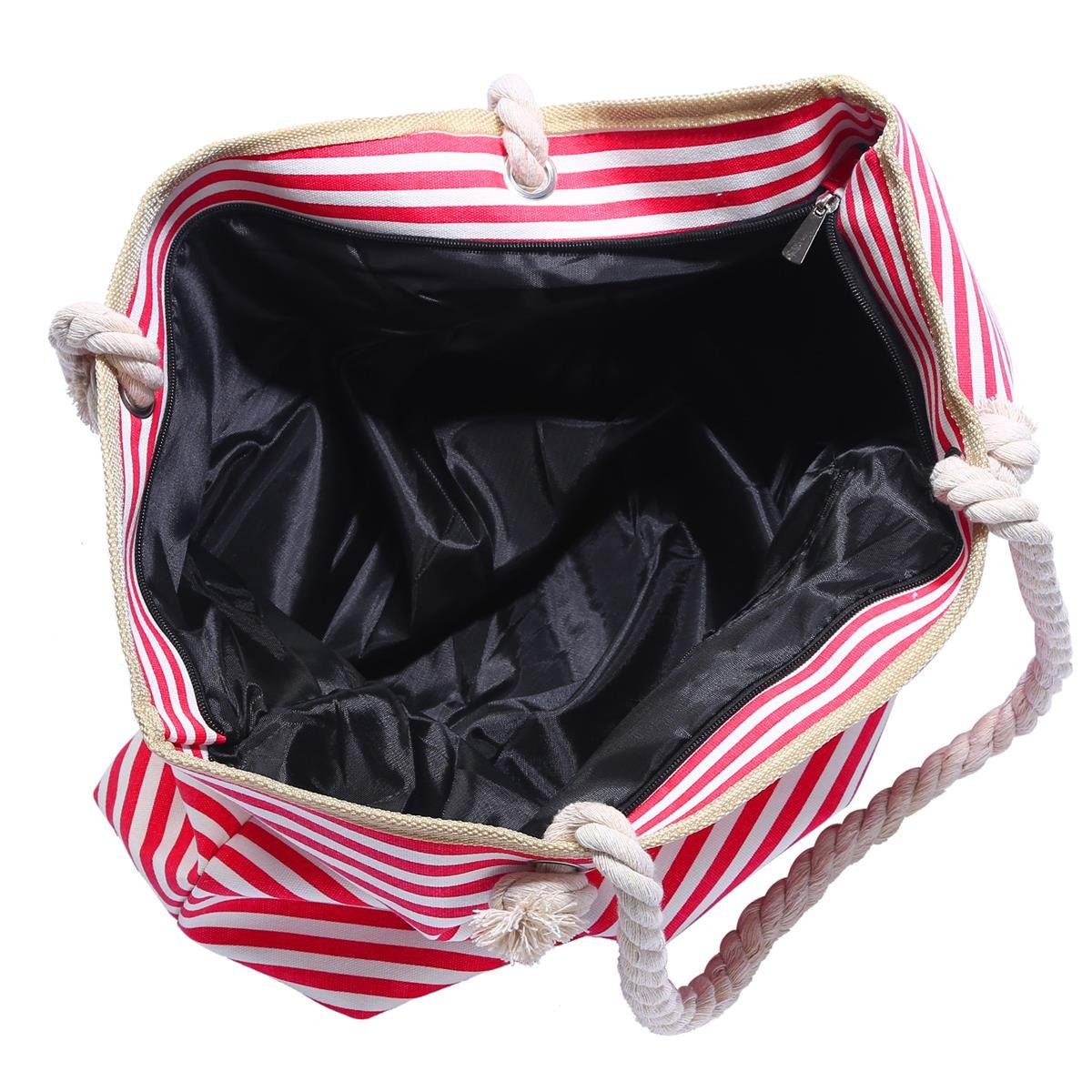 Shopper mit wasserabweisende Große Strandtasche 2 rot-weiß Tasche Reißverschluss, DonDon Beutel (2-tlg), Strandtasche, gestreift kleinem inkl.