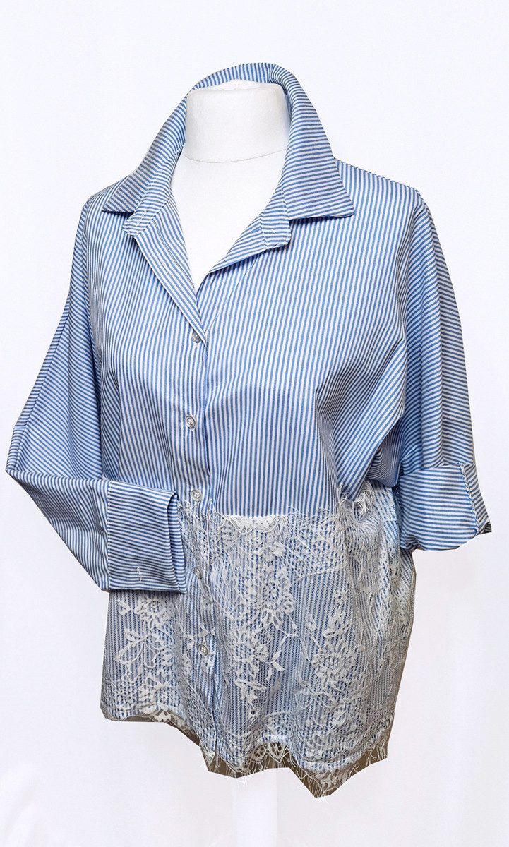 Hemdbluse SAISON Bluse gestreift Spitze Blau Weiß 40 / 42 Streifen langarm Frühl