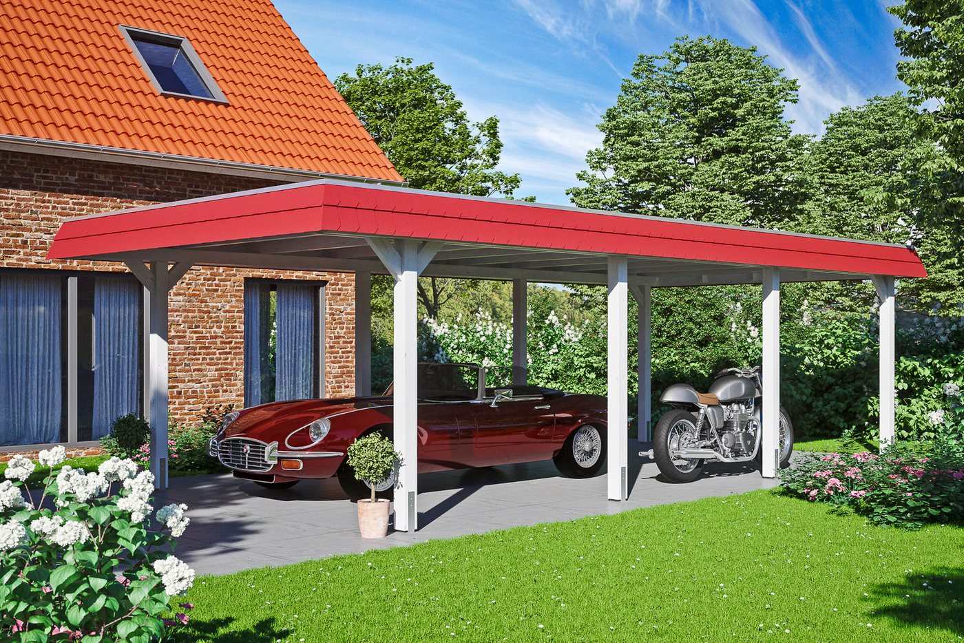 Thumbnail - Skanholz Einzelcarport Wendland, BxT: 409x870 cm, 210 cm Einfahrtshöhe, mit Aluminiumdach, rote Blende