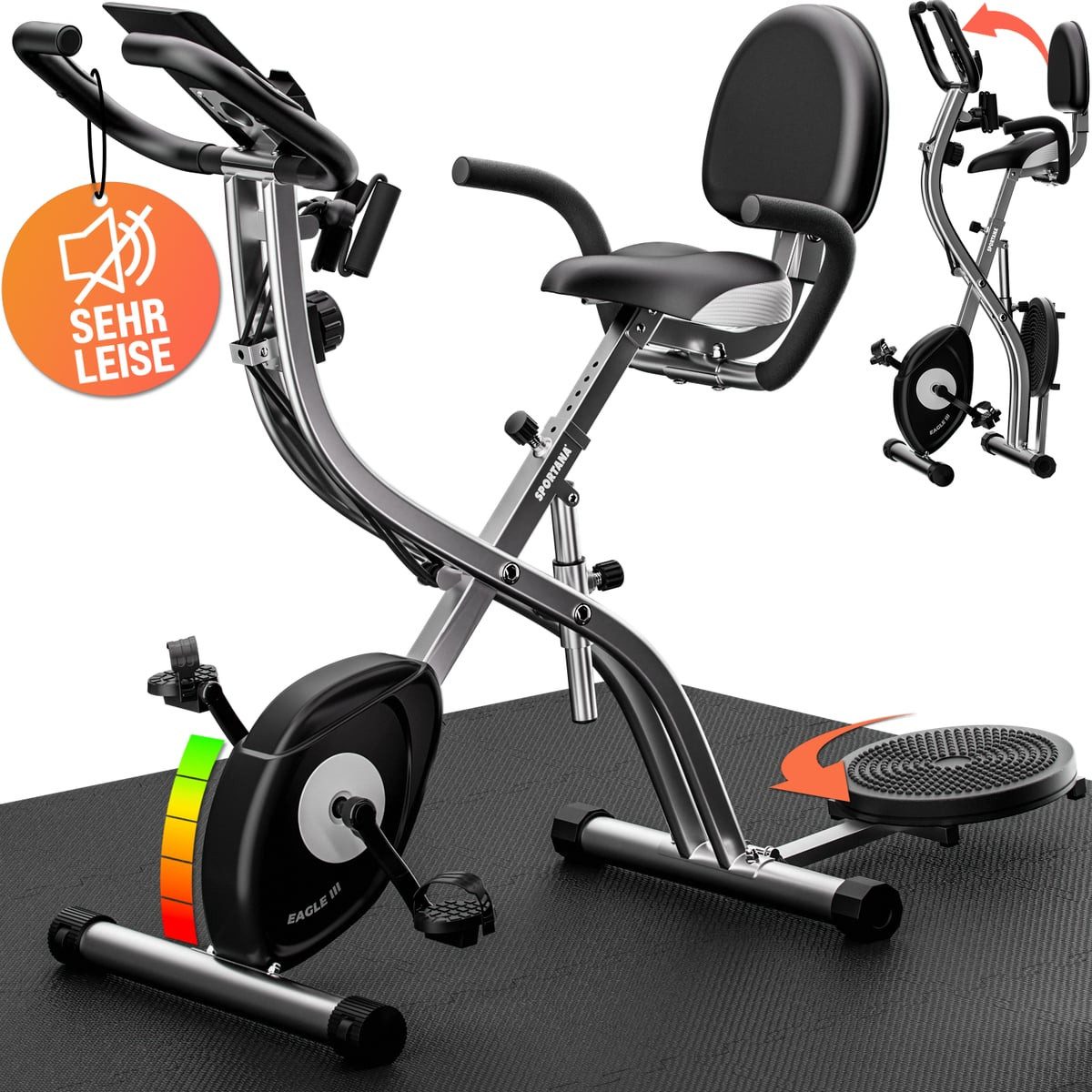 Sportana Heimtrainer Fitnessbike (1-tlg), Heimtrainer Eagle 4 klappbar 10 Stufen Pulssensoren App Hüfttrainer