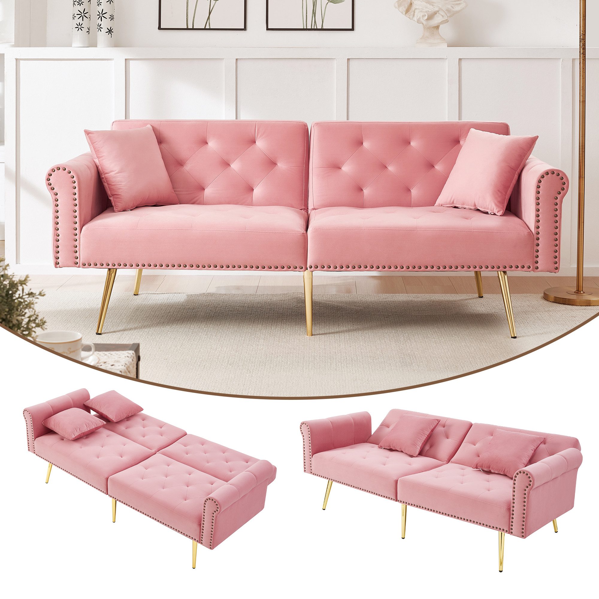 Merax Schlafsofa mit Bettfunktion, 1 Teile, 2-Sitzer-Sofa mit verstellbarer Rückenlehne & goldenen Metallfüßen