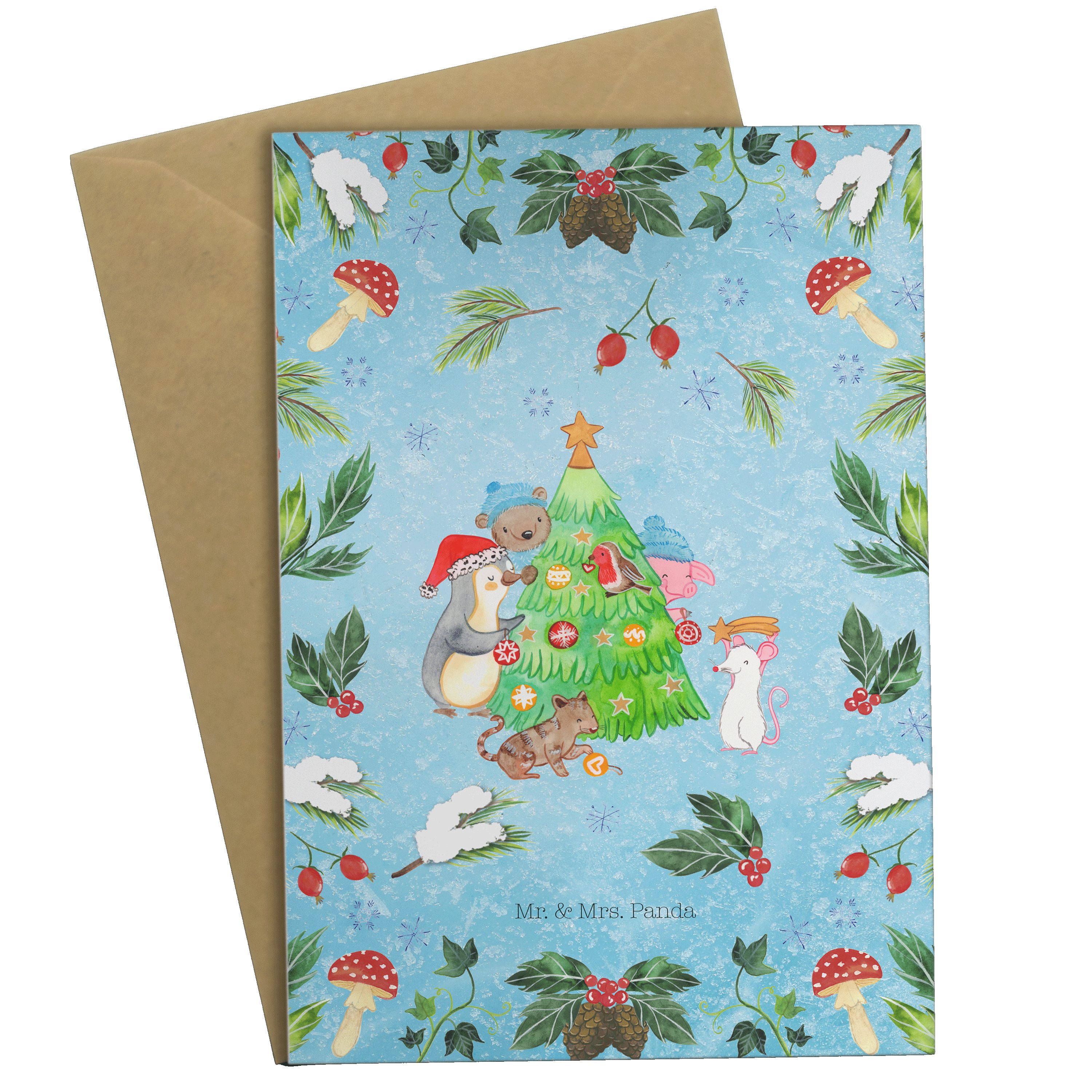 Mr. & Mrs. Panda Grußkarte Weihnachtsbaum schmücken - Eisblau - Geschenk, Hochzeitskarte, Glückw