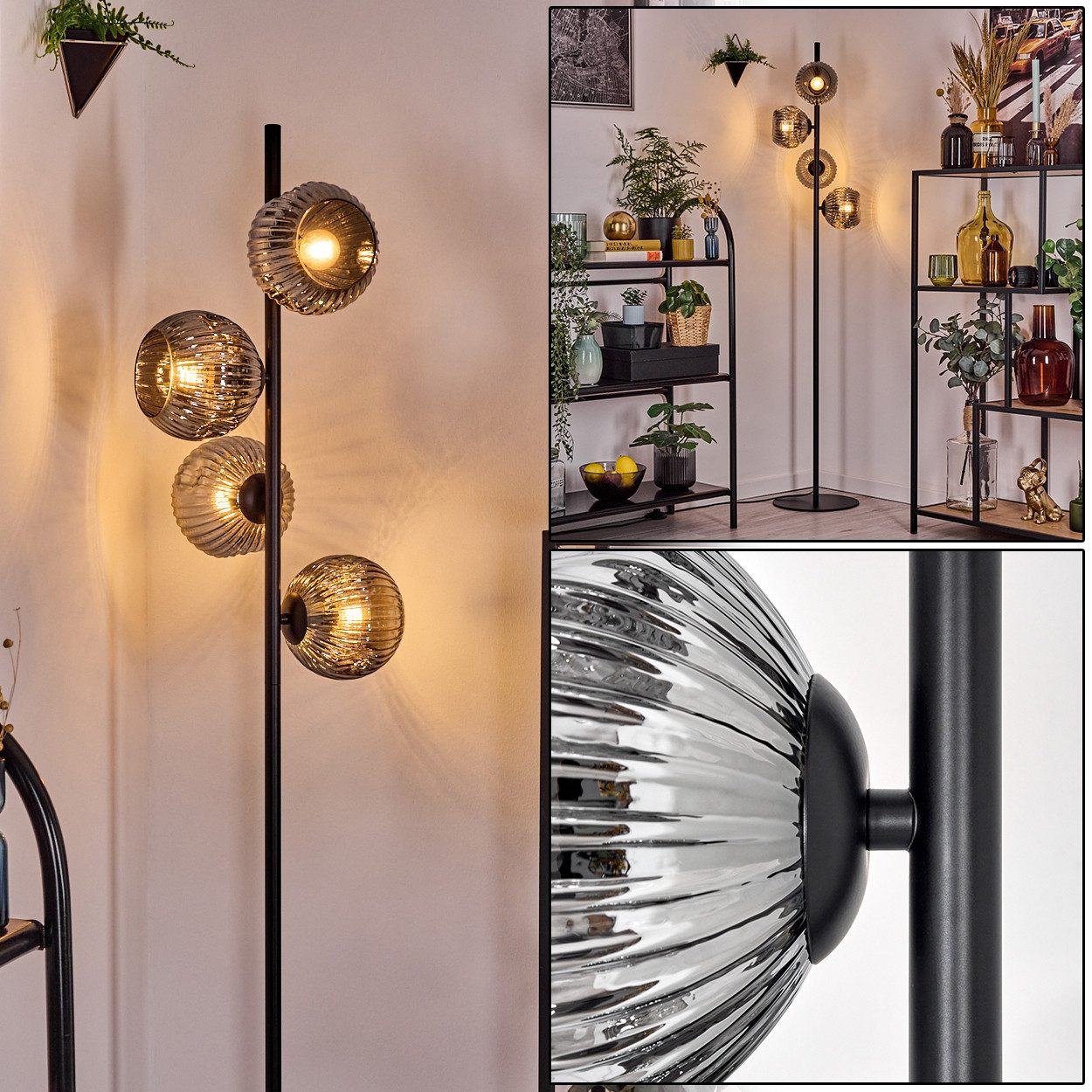Stehlampe Stehlampe aus Metall/Riffelglas in Schwarz/Rauch, Retro/Vintage-Design