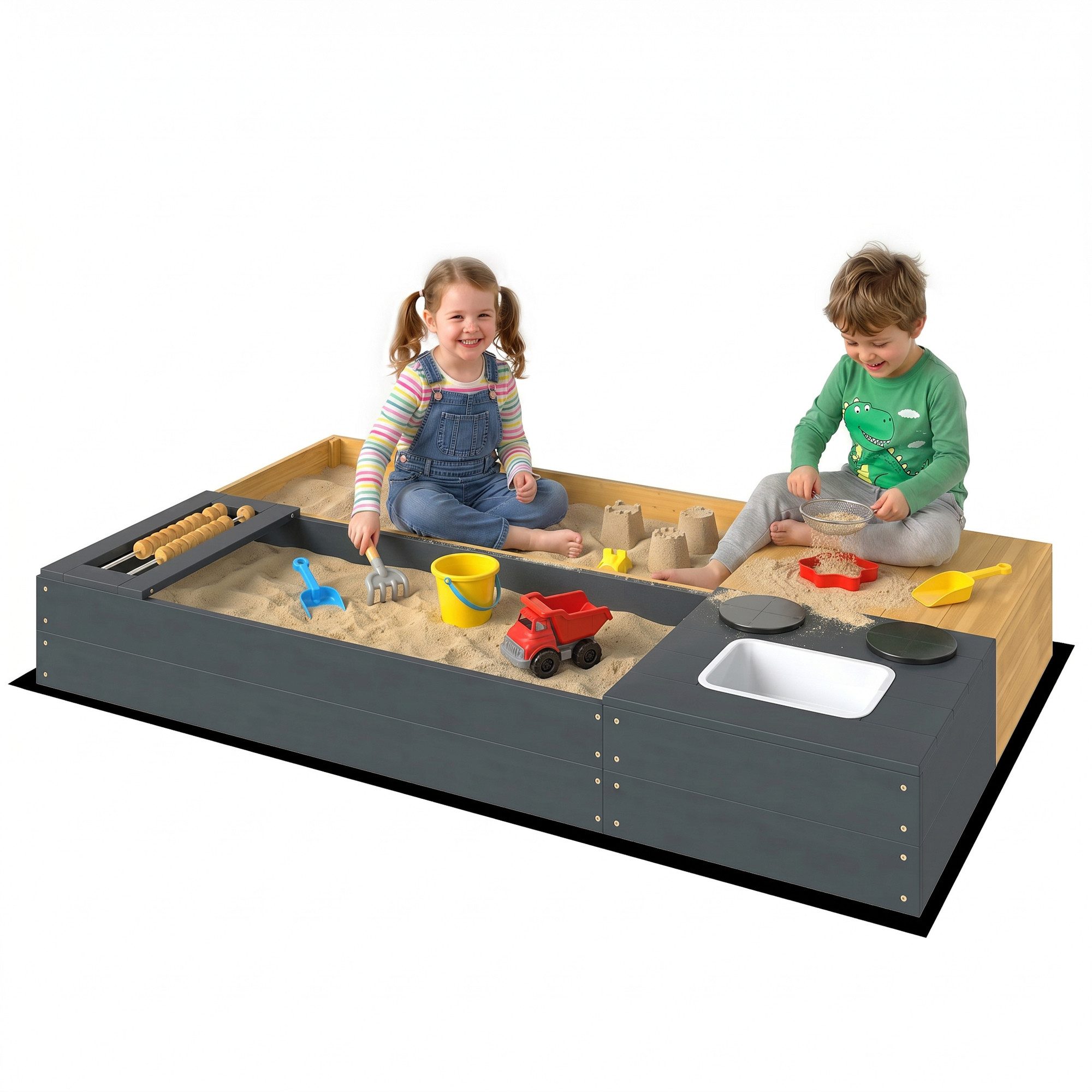 AIYAPLAY Sandkasten Sandkiste Holz mit Sitzbank Stauraum, (150 x 90 cm Sandkiste, 2-tlg., Sandbox), für Kinder von 3-8 Jahren, für Outdoor Garten Hinterhof Gelb